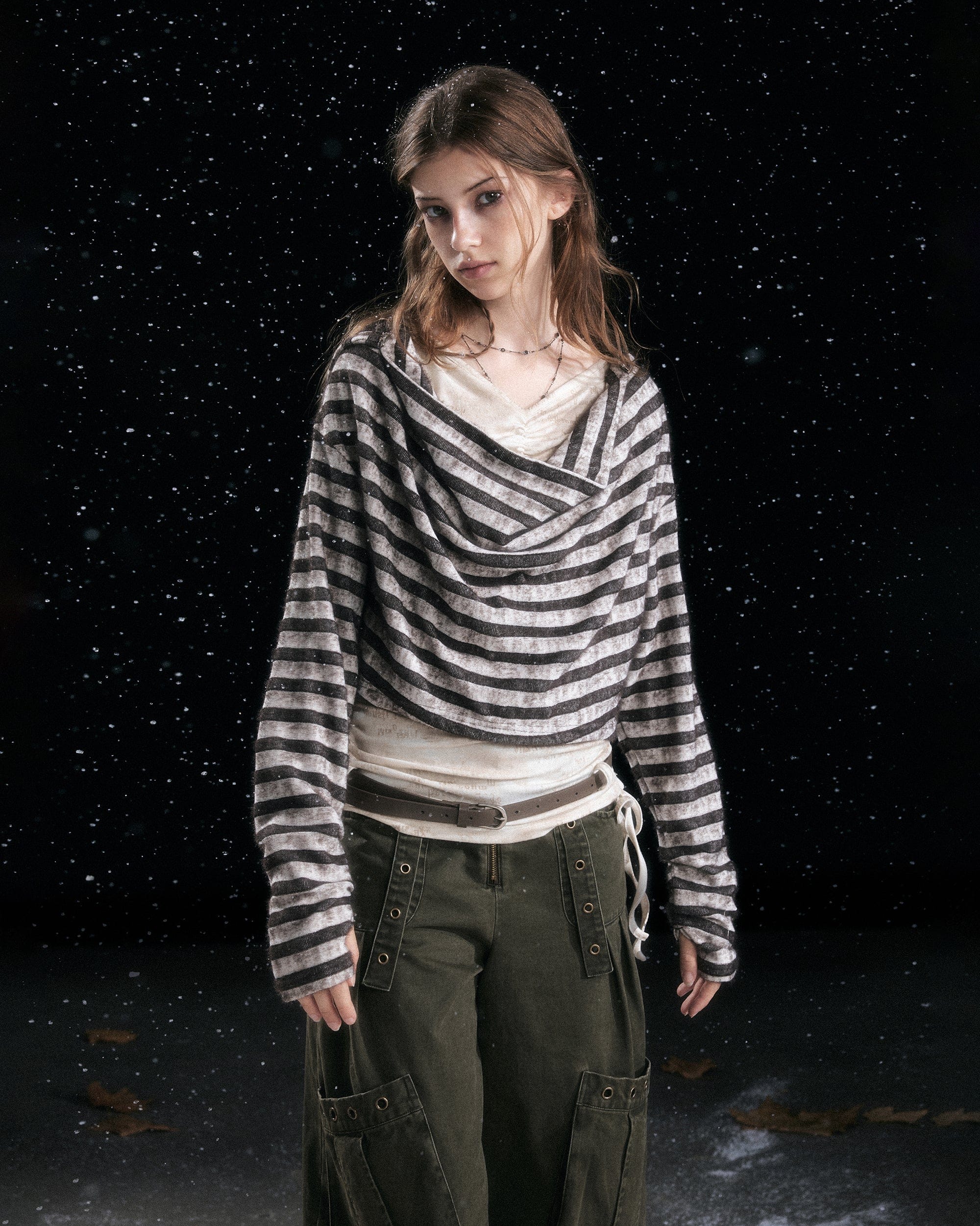 CESTNOUS Distressed Drape Layered Hooded Long-Sleeve Tee