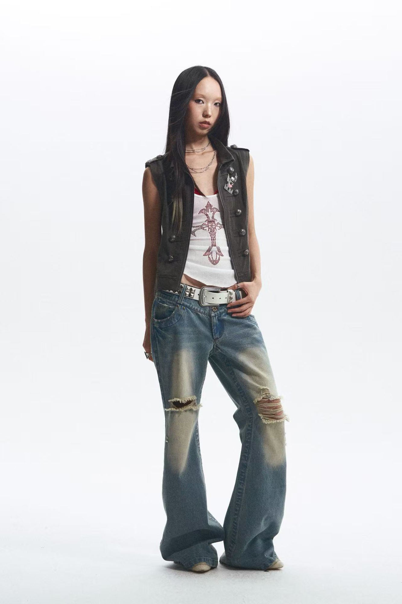 NONAME SPACE Diamond Cross Lace Panel Tank Top