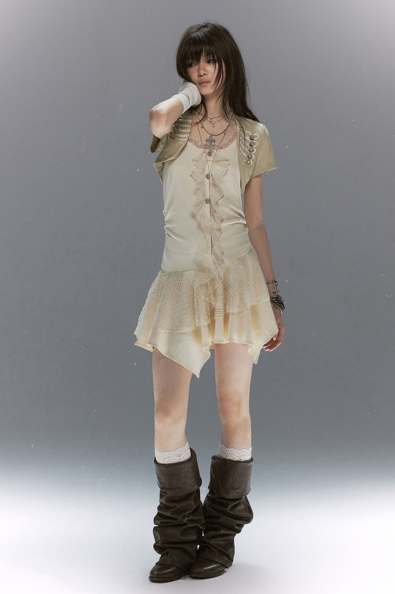 CESTNOUS Napoleon-Braid Layer Ruffle Mini Dress