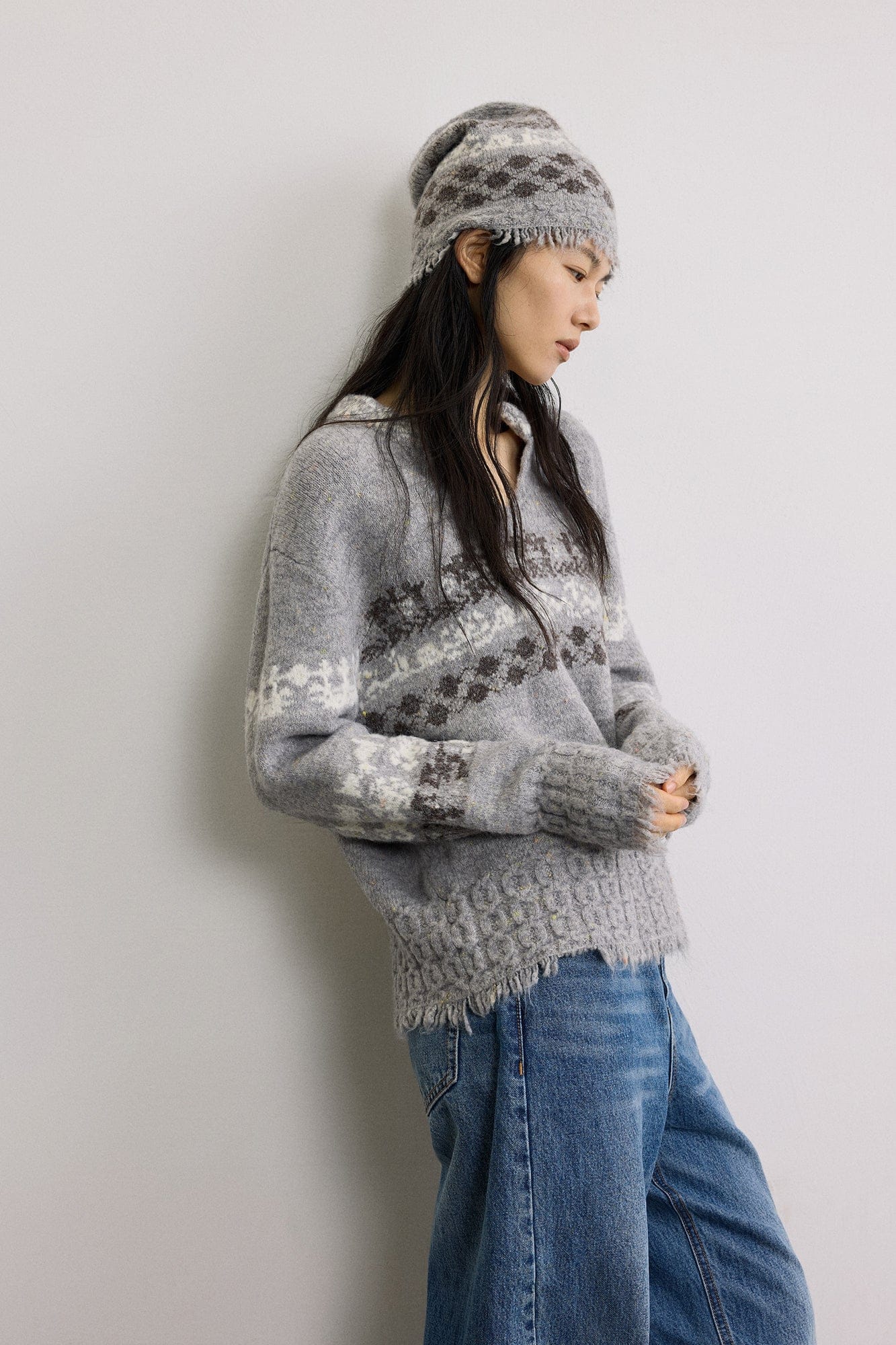 SAME FLOW Raw Edge Jacquard Wool-Blend Beanie