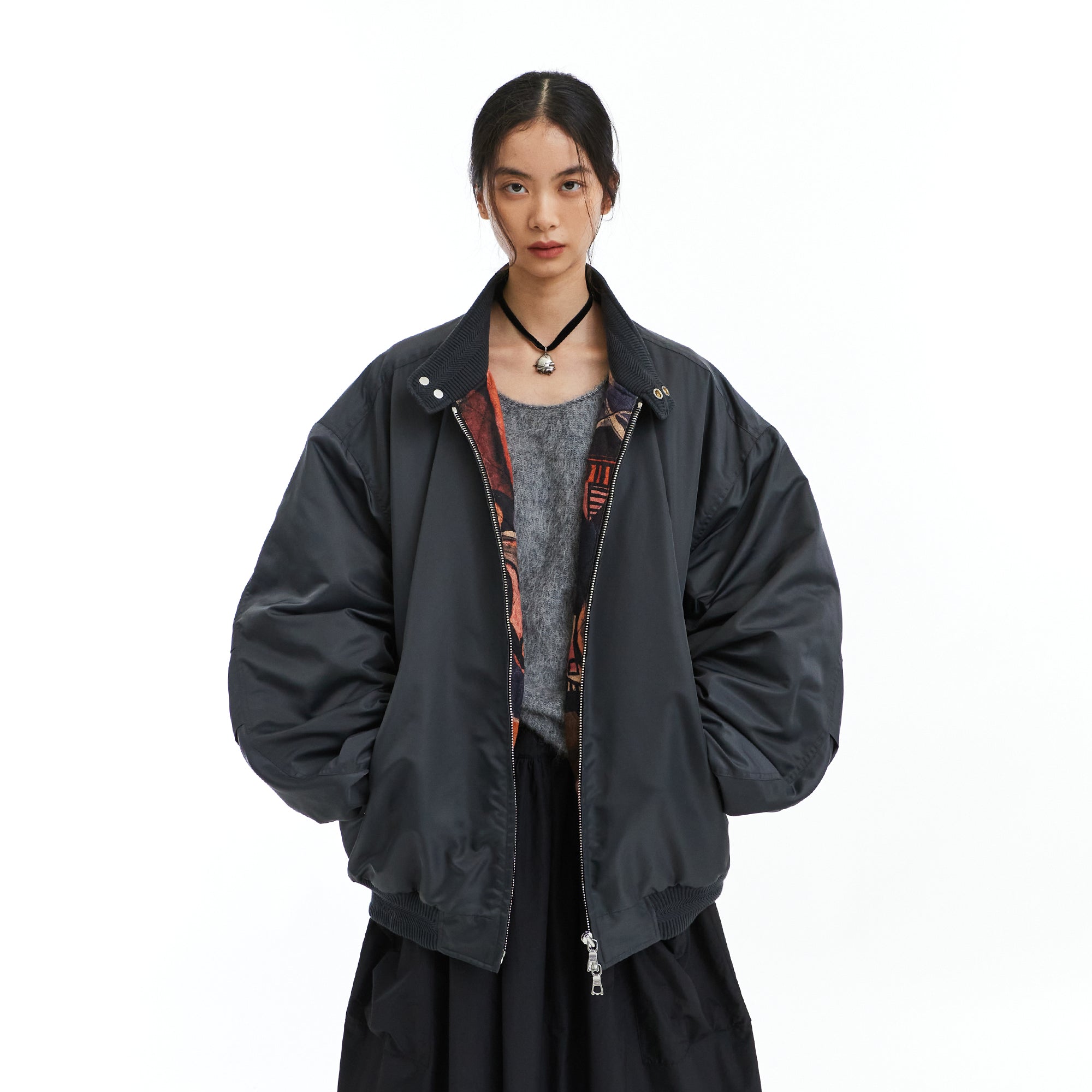 NEVERSEEZ Graphic-Lining Embroidered-Flower Bomber Jacket