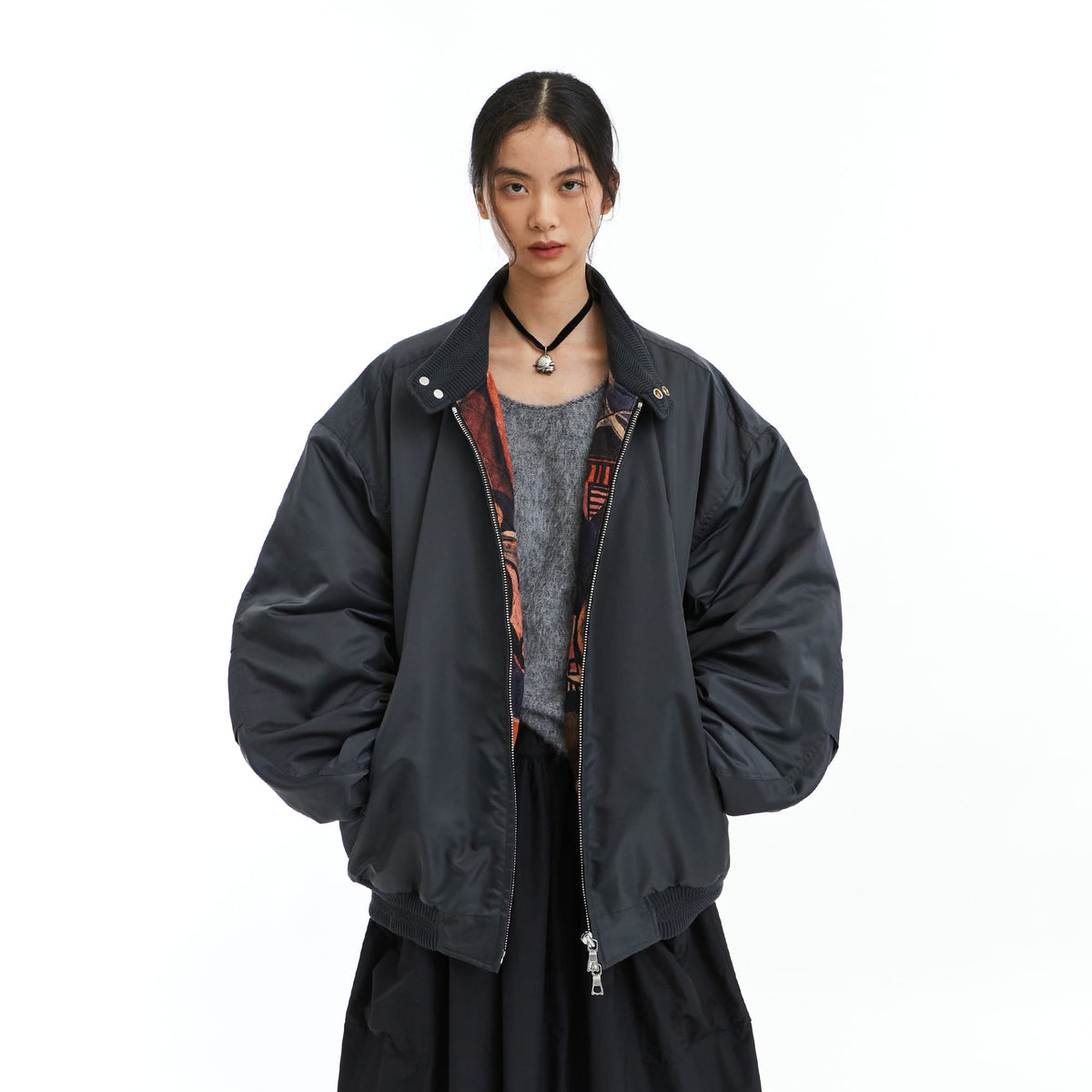 NEVERSEEZ Graphic-Lining Embroidered-Flower Bomber Jacket