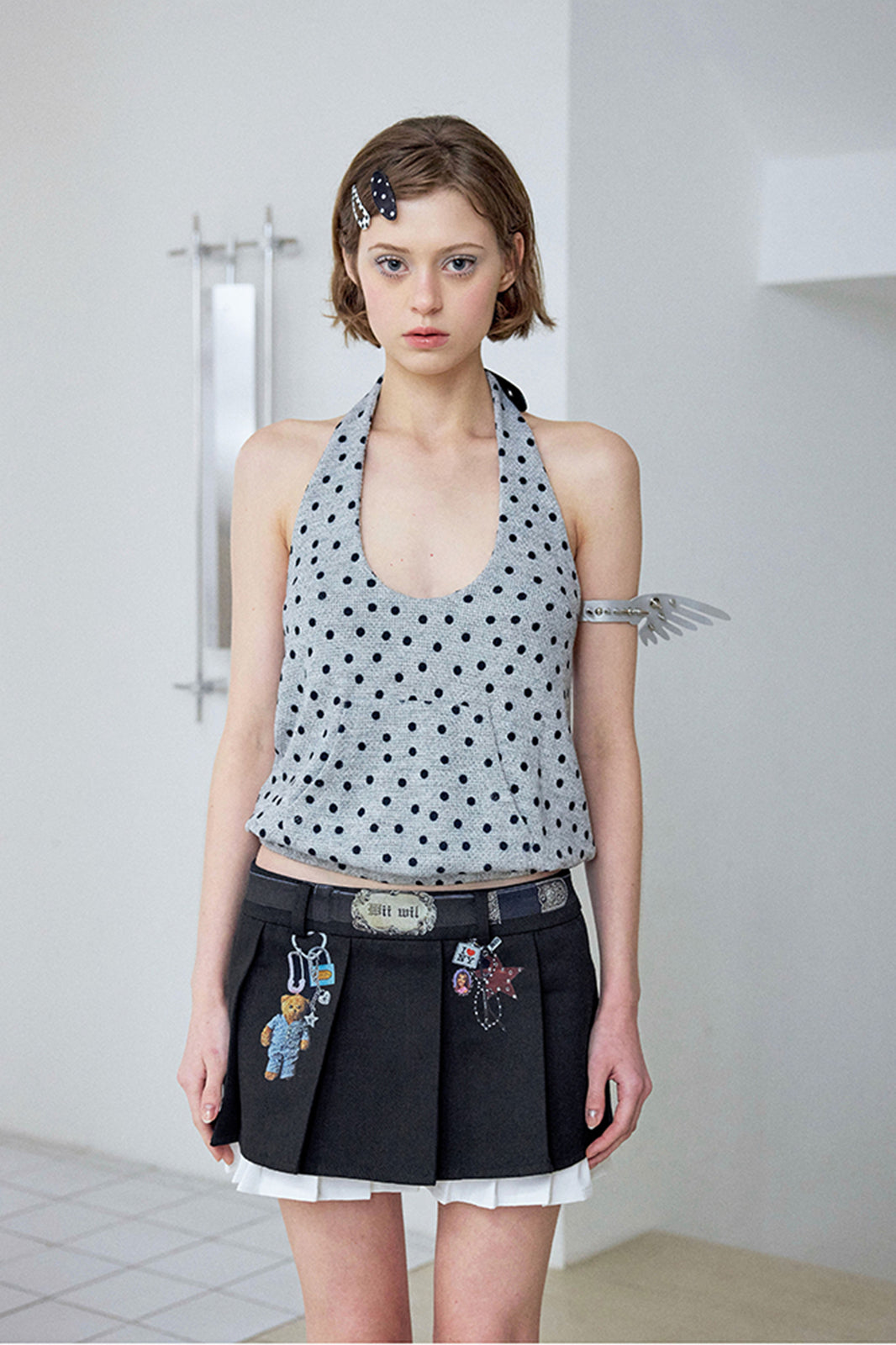 WII WIL Charm Graphic Layered Pleated Mini Skirt