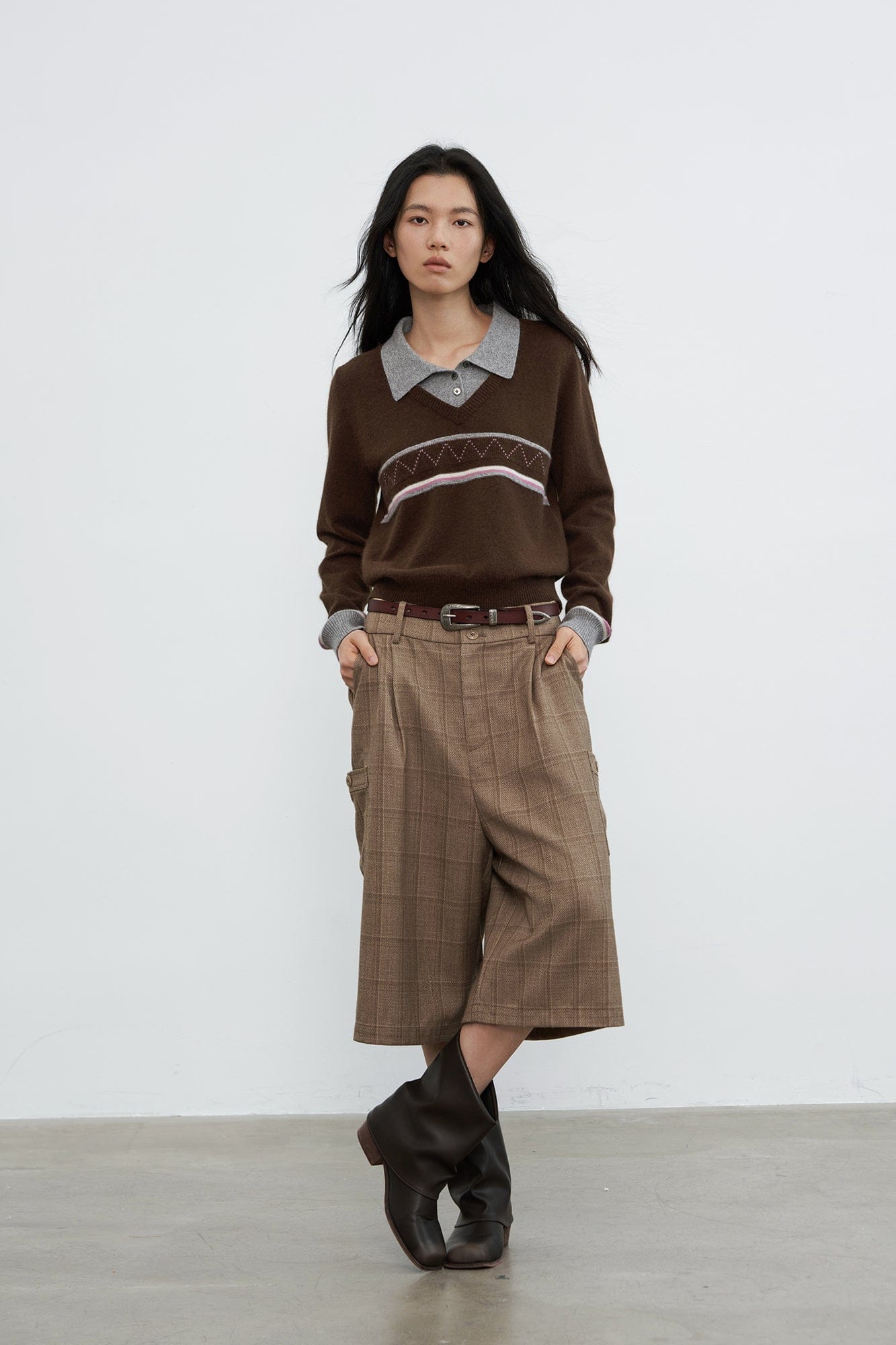 SAME FLOW Faux-Layered Knit Polo Sweater