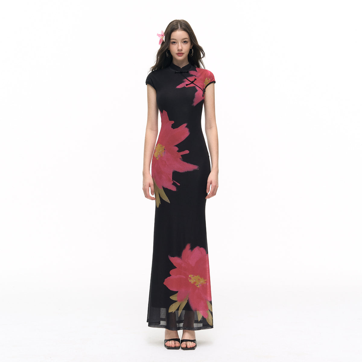 HIIMDAI Floral-Print Slim Qipao Maxi Dress