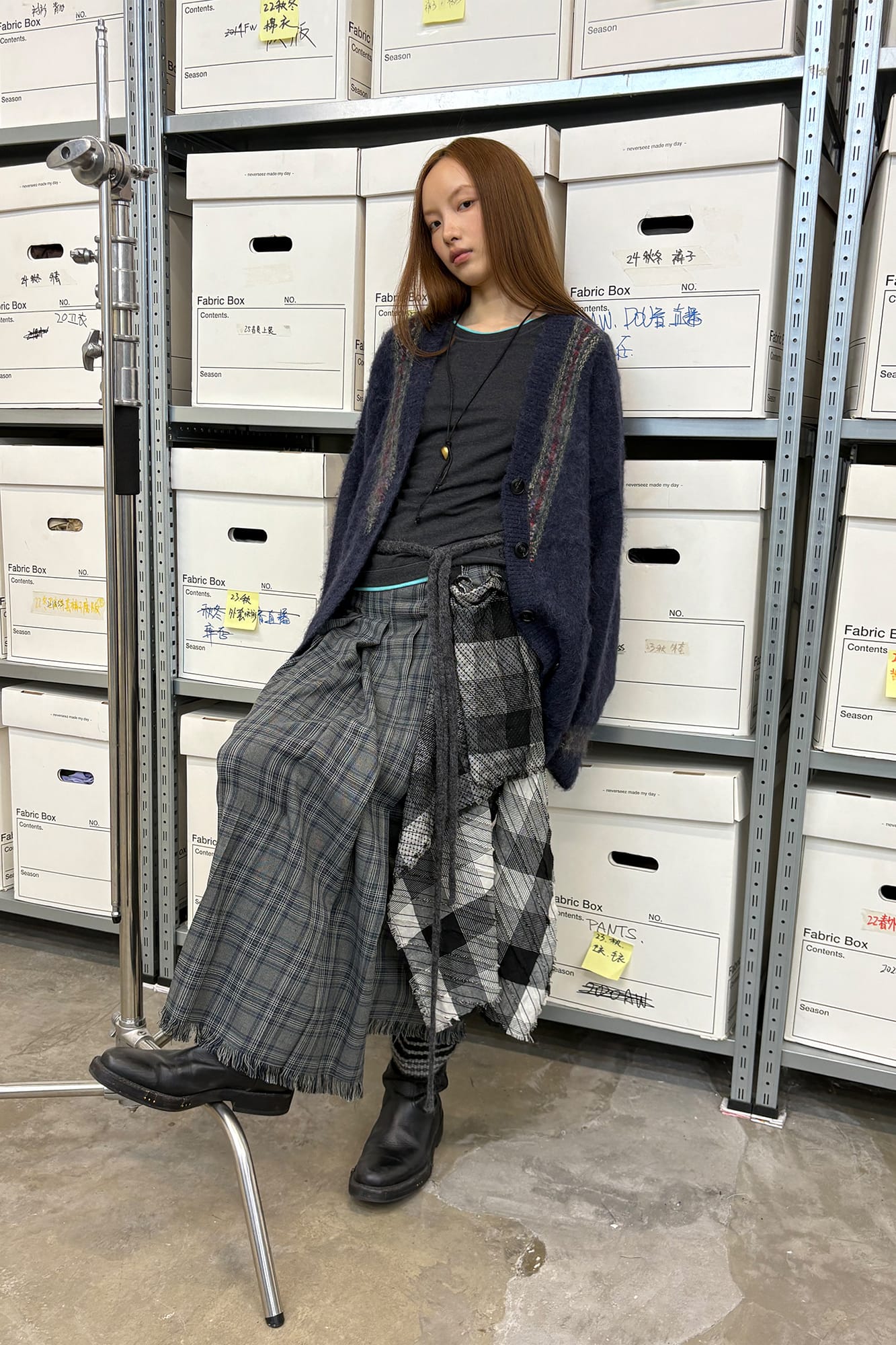 NEVERSEEZ Detachable Waist Scarf Pleated Plaid Maxi Skirt