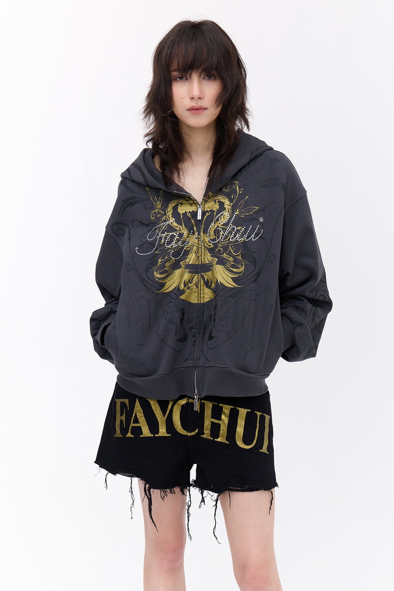 FAYCHUI Baroque Gold Foil Graphic Zip Hoodie