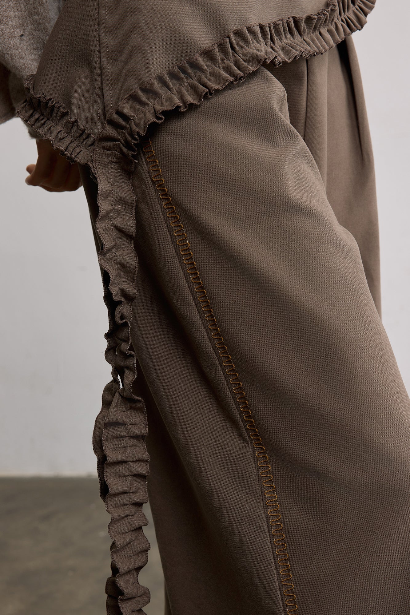 SAME FLOW Ruffle Trim Embroidered Wide-Leg Pants