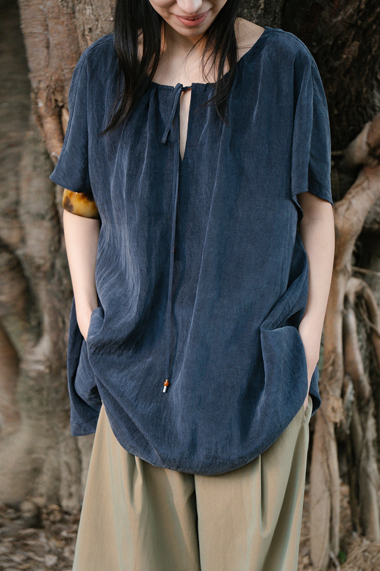 CAIRA Washed Drawstring Neck T-Shirt