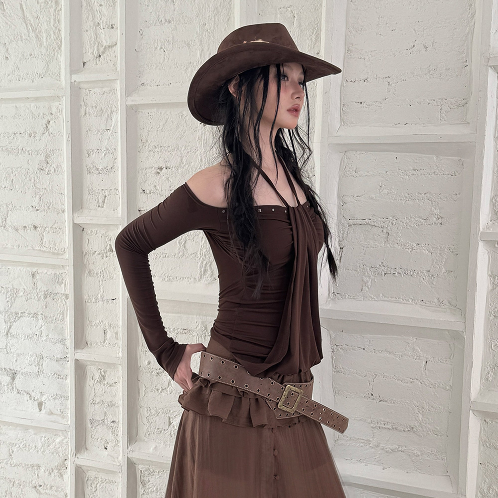 RIDK Off-Shoulder Studded Halter Drape Top