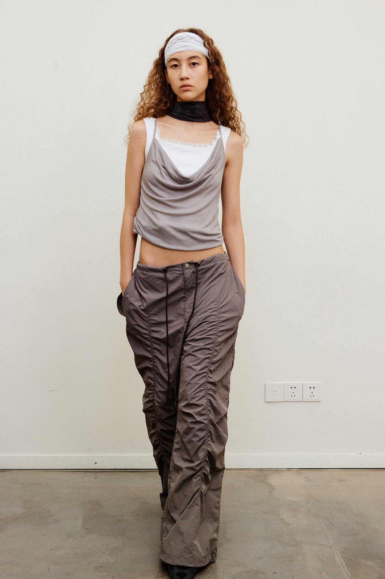 NEVERSEEZ Drawstring Ruched Wide-Leg Utility Pants