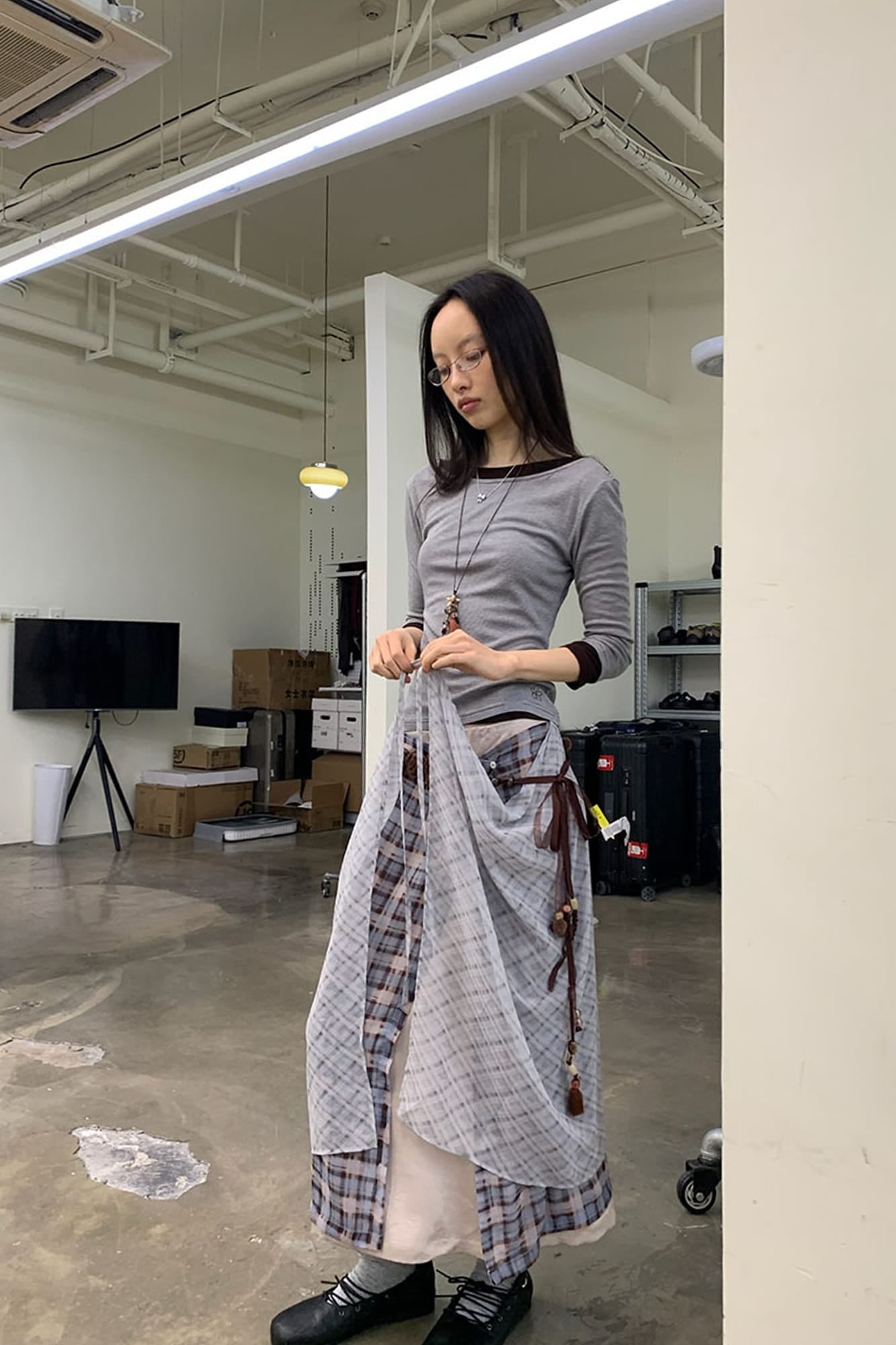 NEVERSEEZ Layered Plaid Tied Wrap Skirt