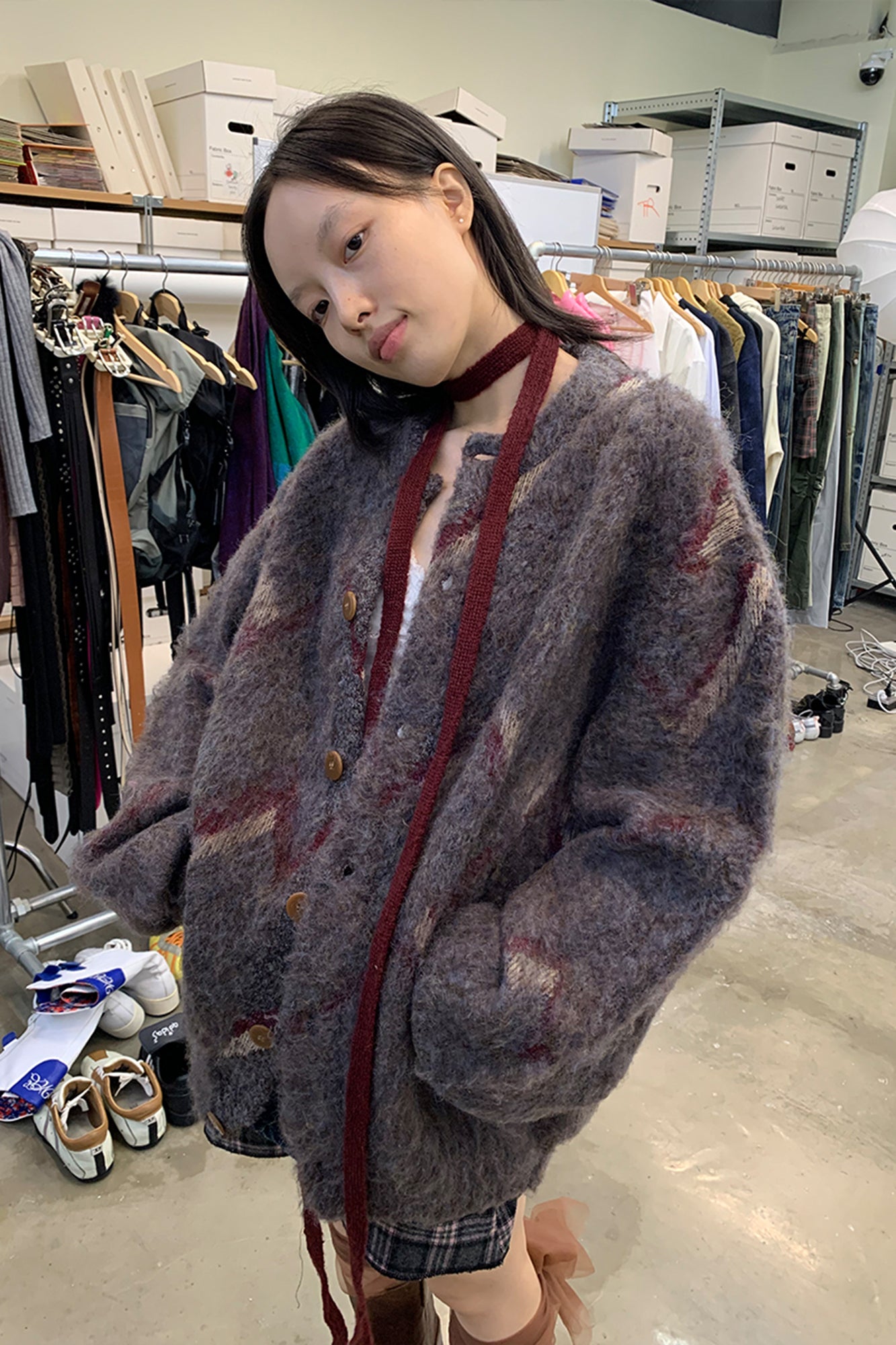 NEVERSEEZ Brushed Zigzag Button Cardigan