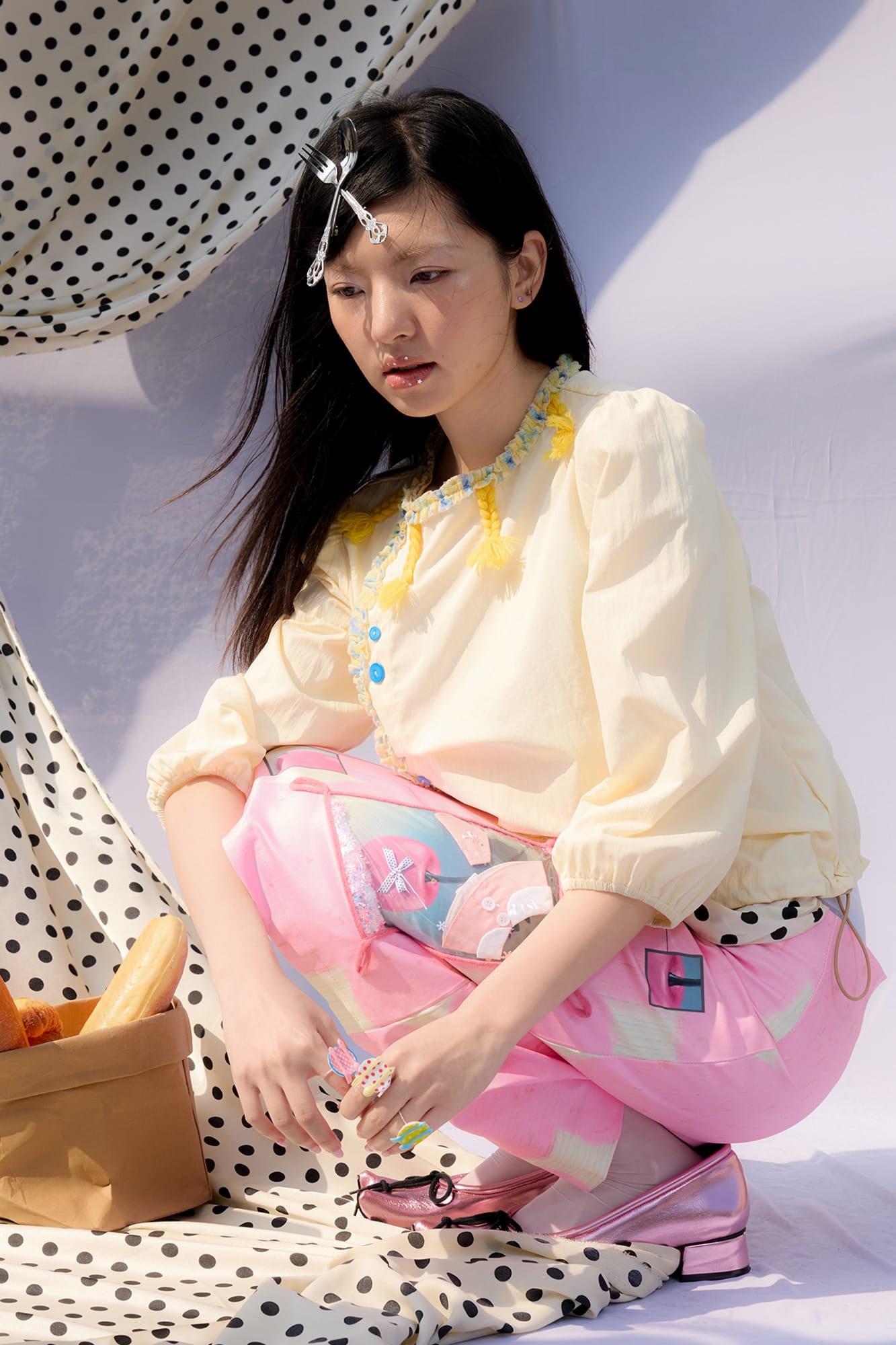 UNSOCIAL NIGHT Polka-Dot Draped Panel Graphic Midi Skirt