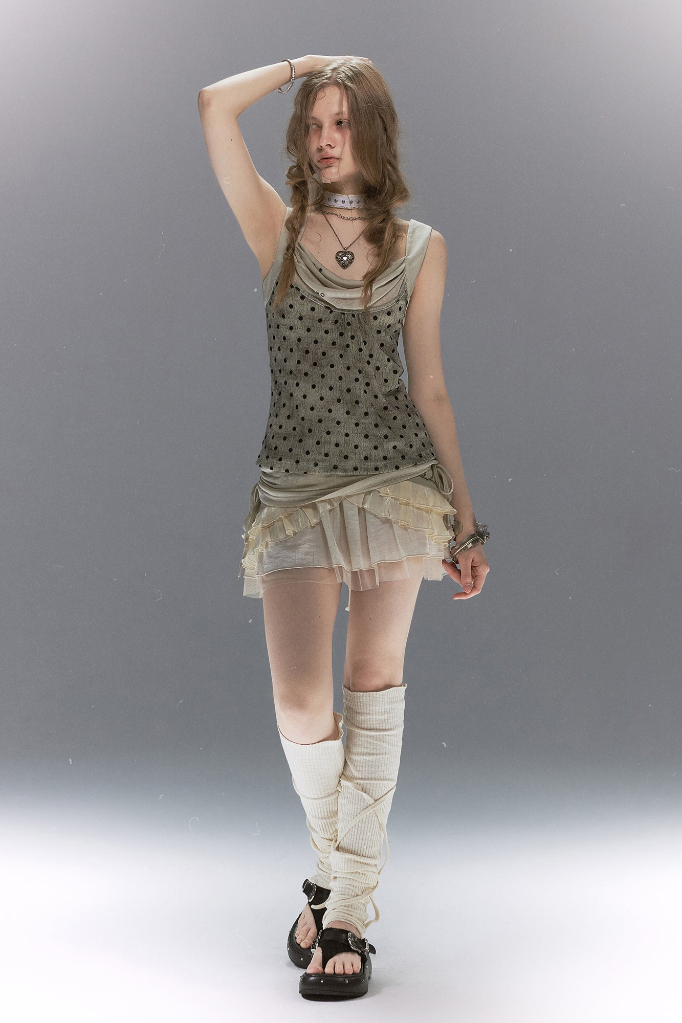 CESTNOUS Polka Dot Spliced Drawstring Tank Top