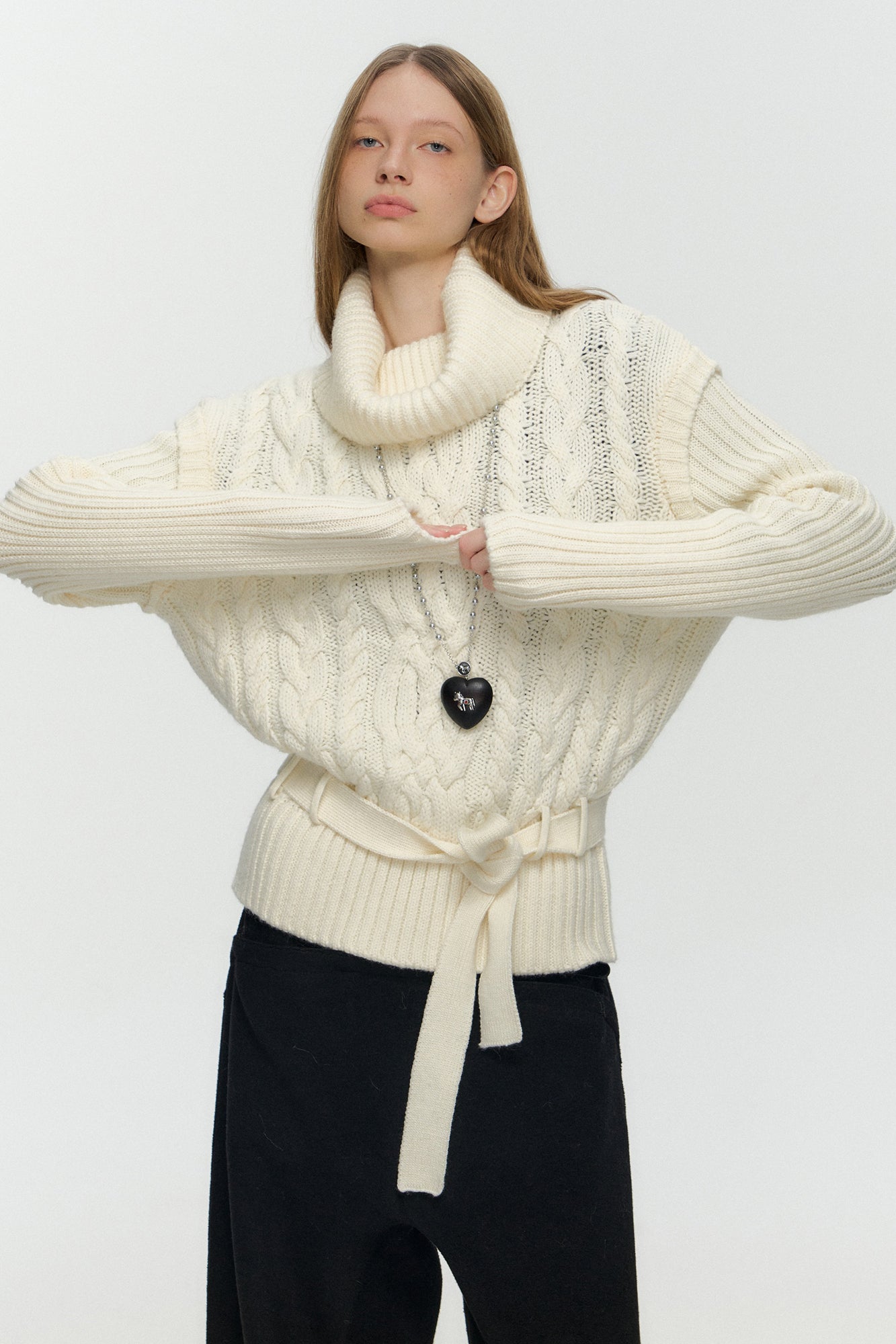 10AMSOTIIIIIIRED Spliced Cable-Knit Wool-Blend Belted Sweater