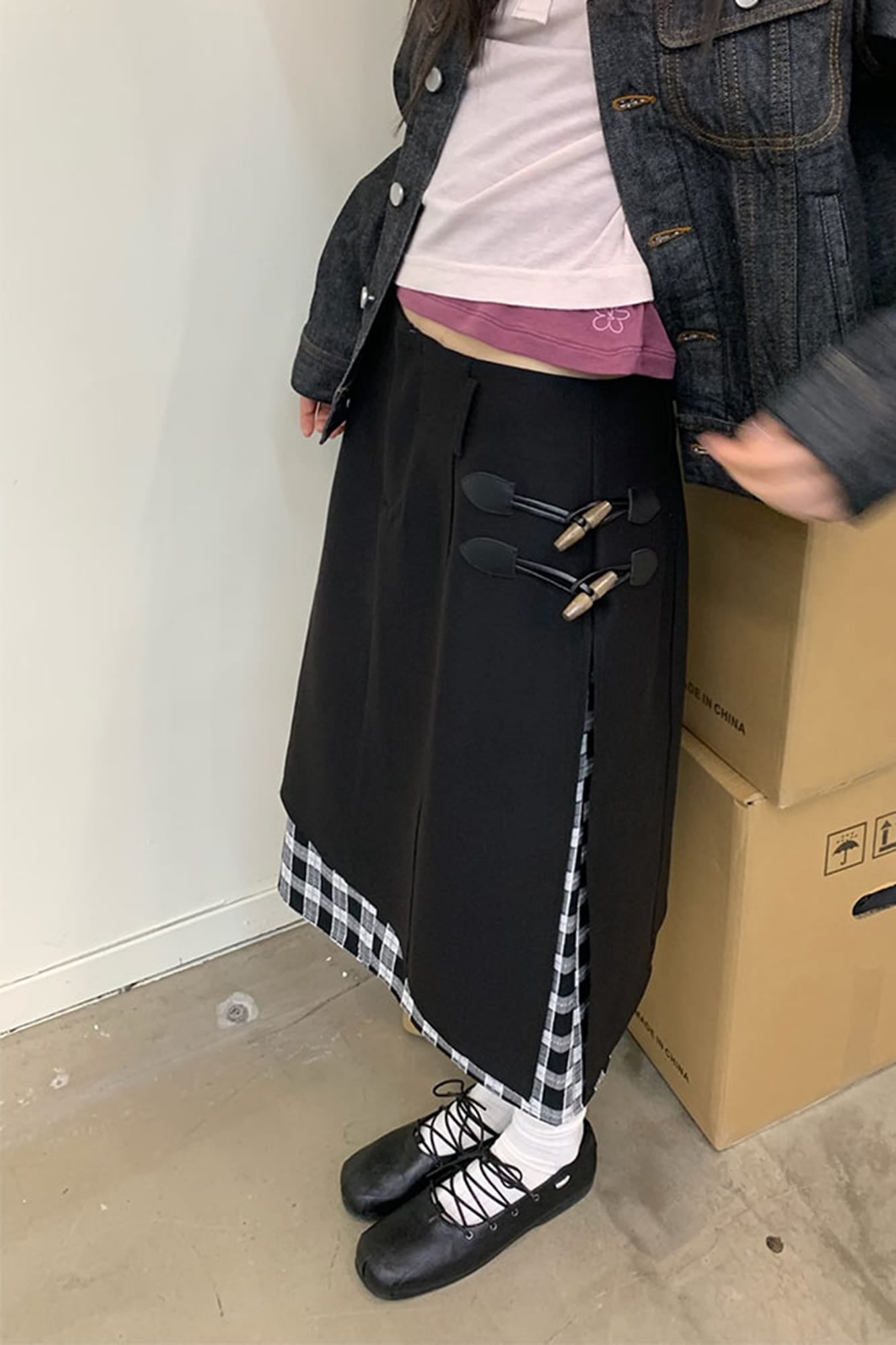 NEVERSEEZ Asymmetrical Toggled Layered Gingham Skirt
