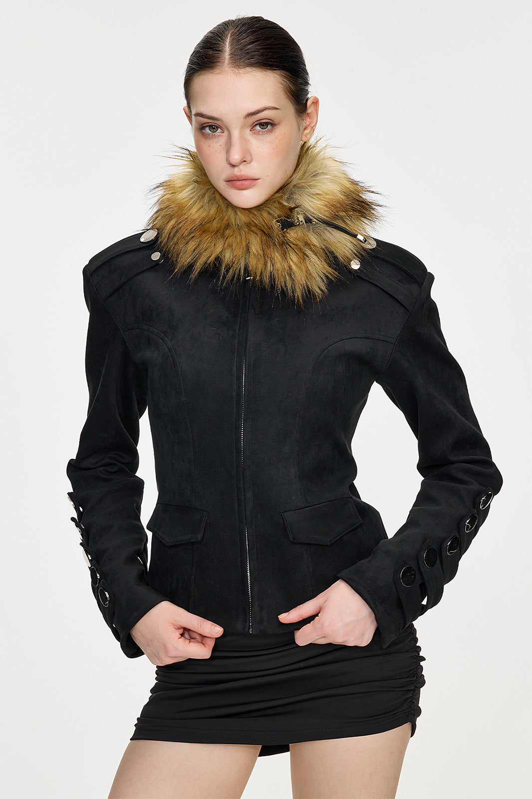 AE30 SAINT Cinched-Waist Padded-Shoulder Napoleon Jacket