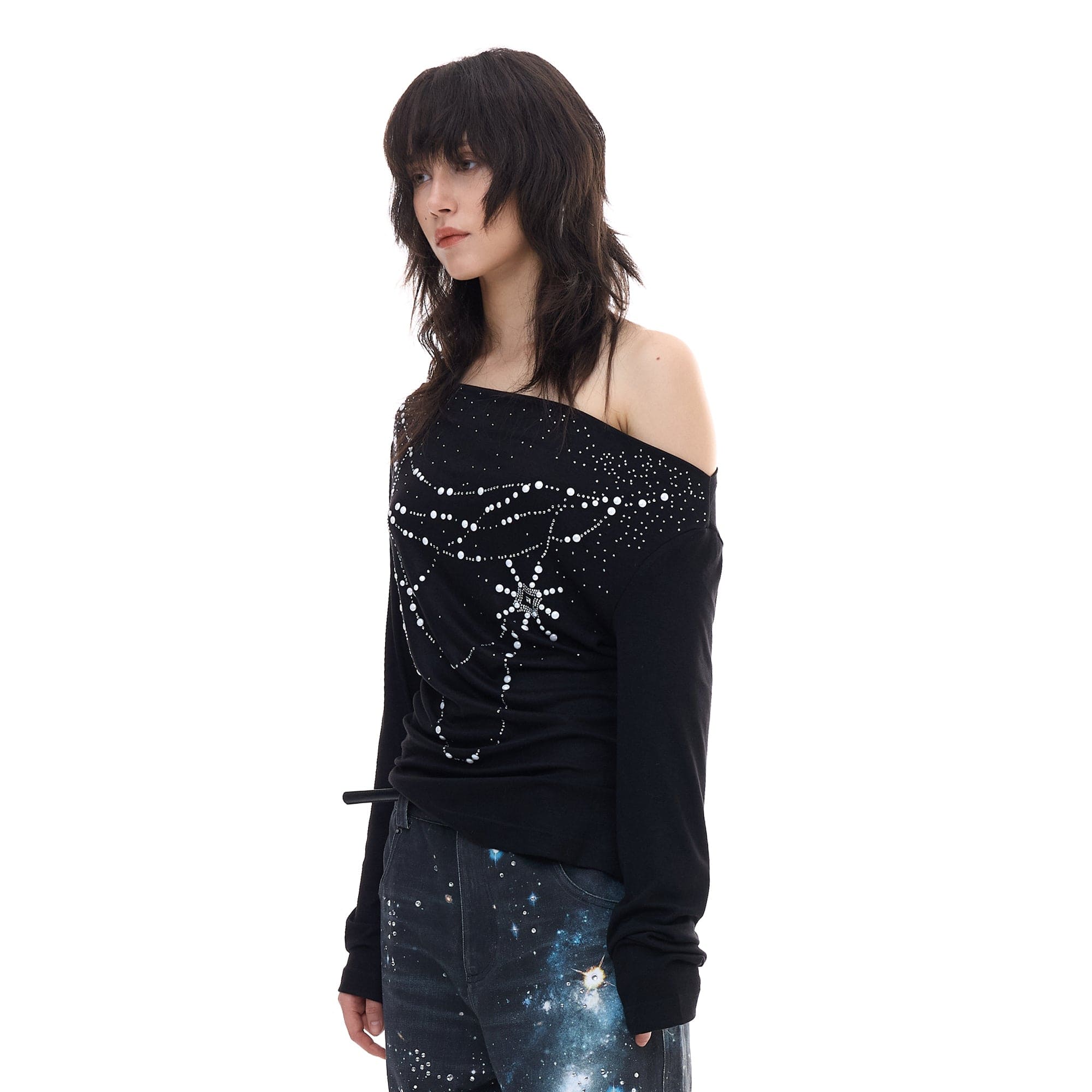 FAYCHUI Cowl Neck Pearl-Studded Long Sleeve Tee