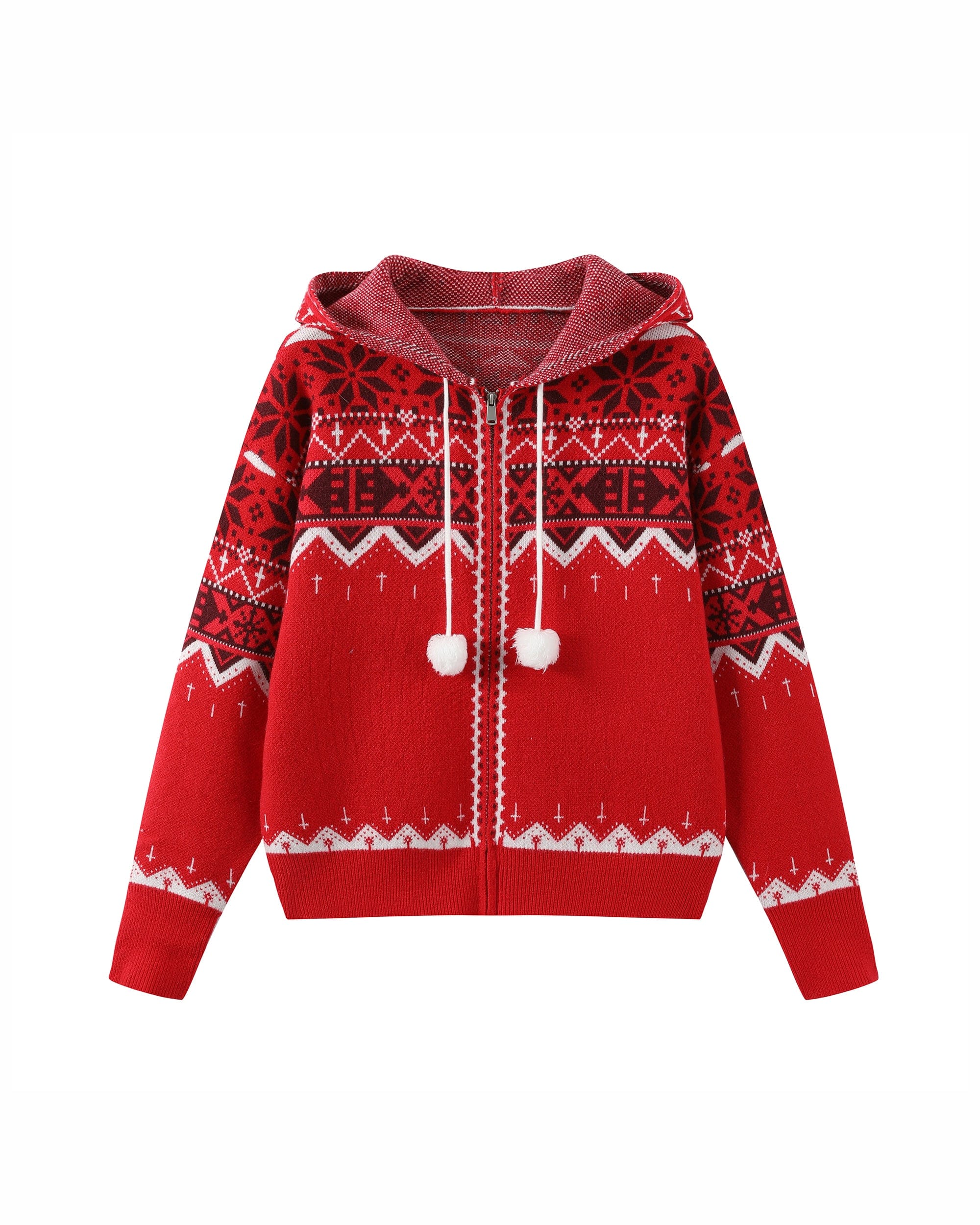 DONSMOKE Retro Fair Isle Pom Zip-Up Hoodie