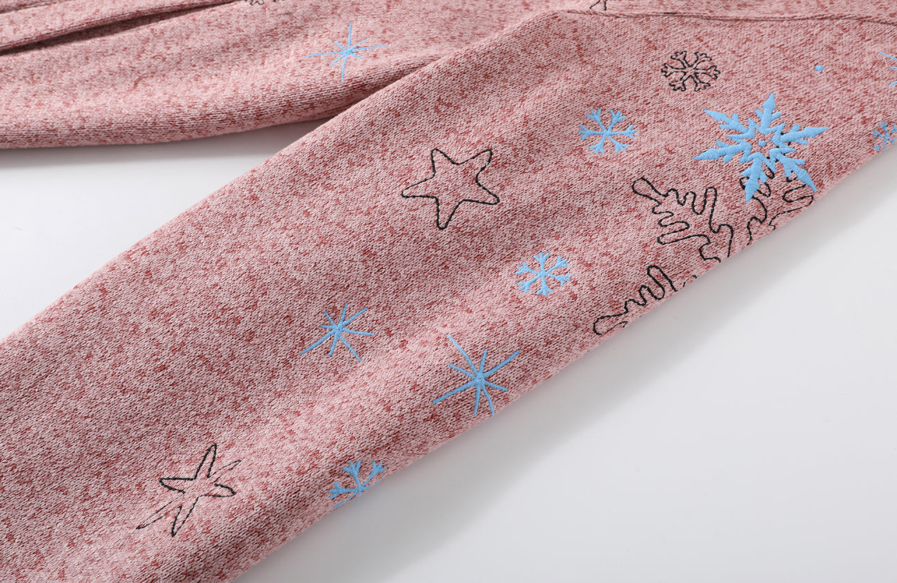 DONSMOKE Snowflake Embroidered Fleece-Lined Zip-Up Hoodie