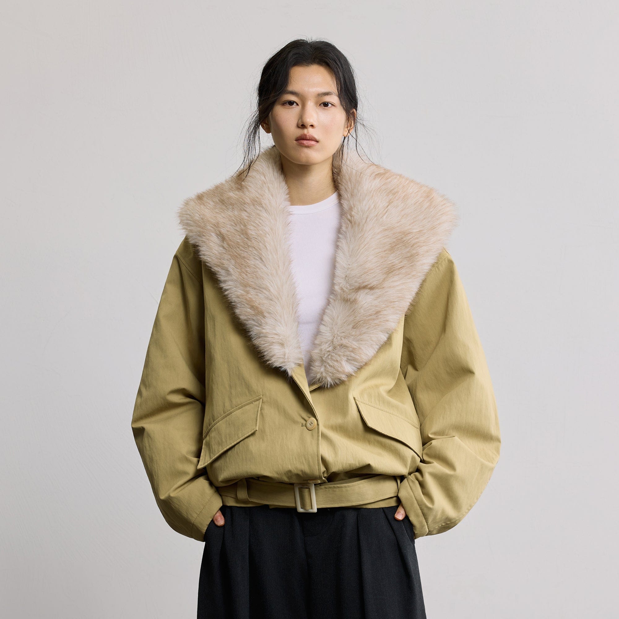 SAME FLOW Faux Fur Collar Belted Padded Jacket