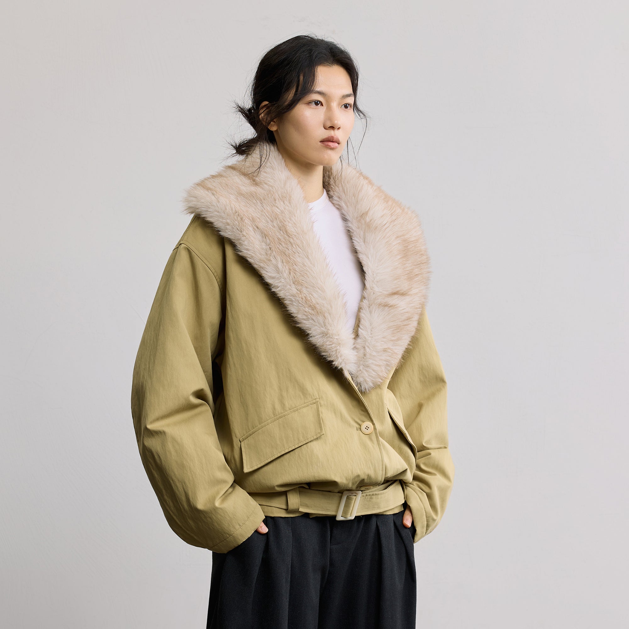 SAME FLOW Faux Fur Collar Belted Padded Jacket