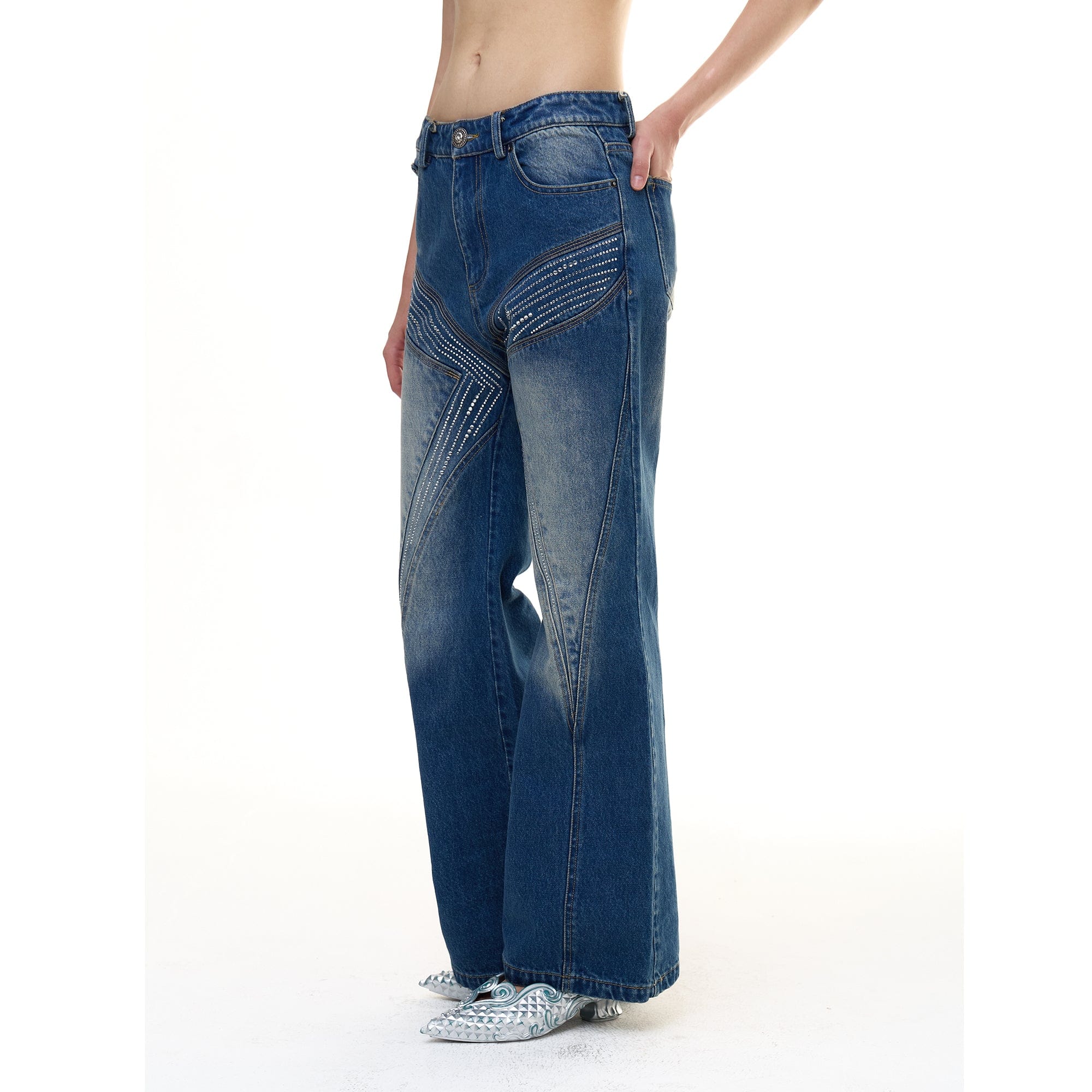 FAYCHUI Washed Diamond Paneled Jeans