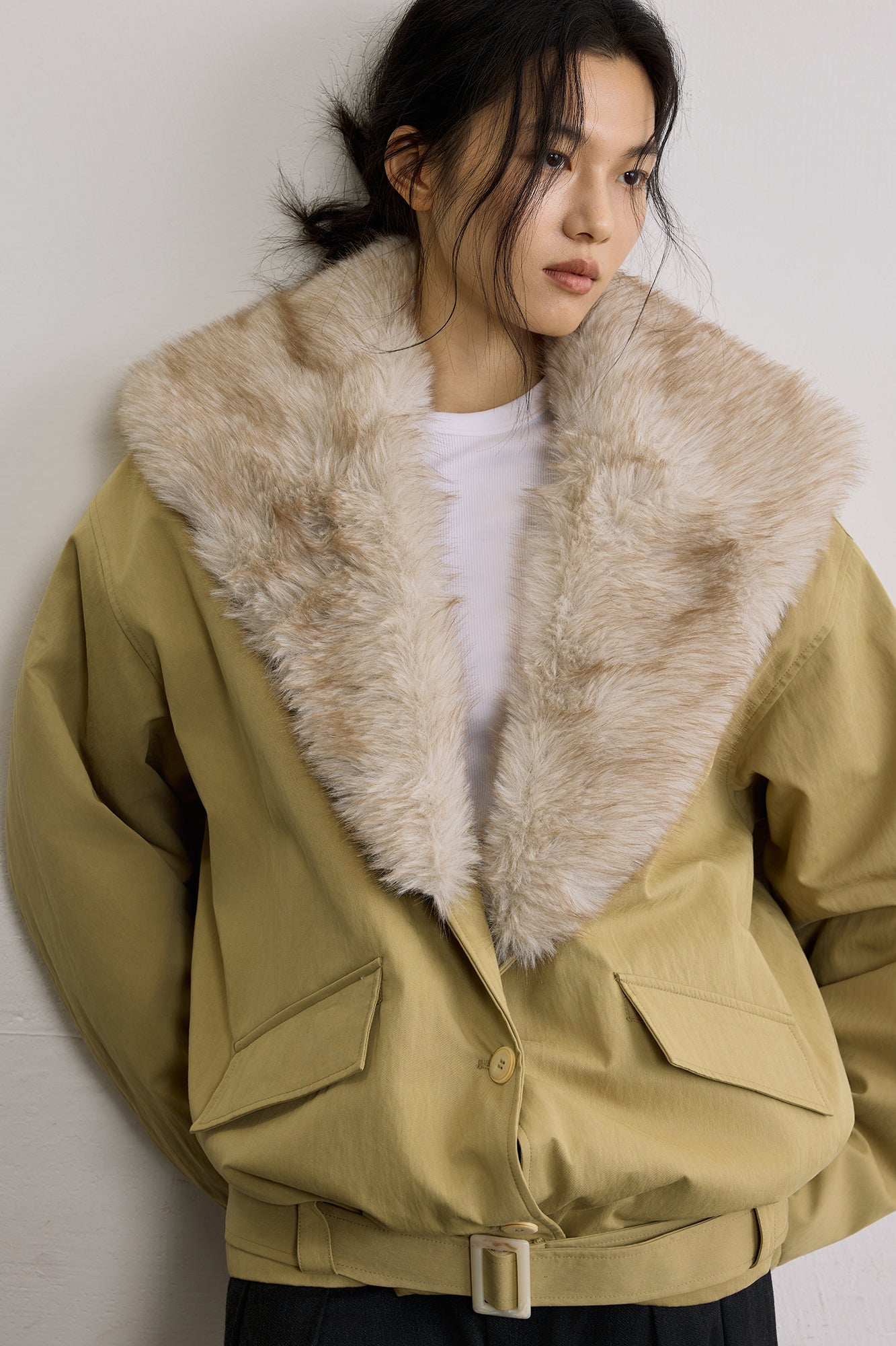 SAME FLOW Faux Fur Collar Belted Padded Jacket