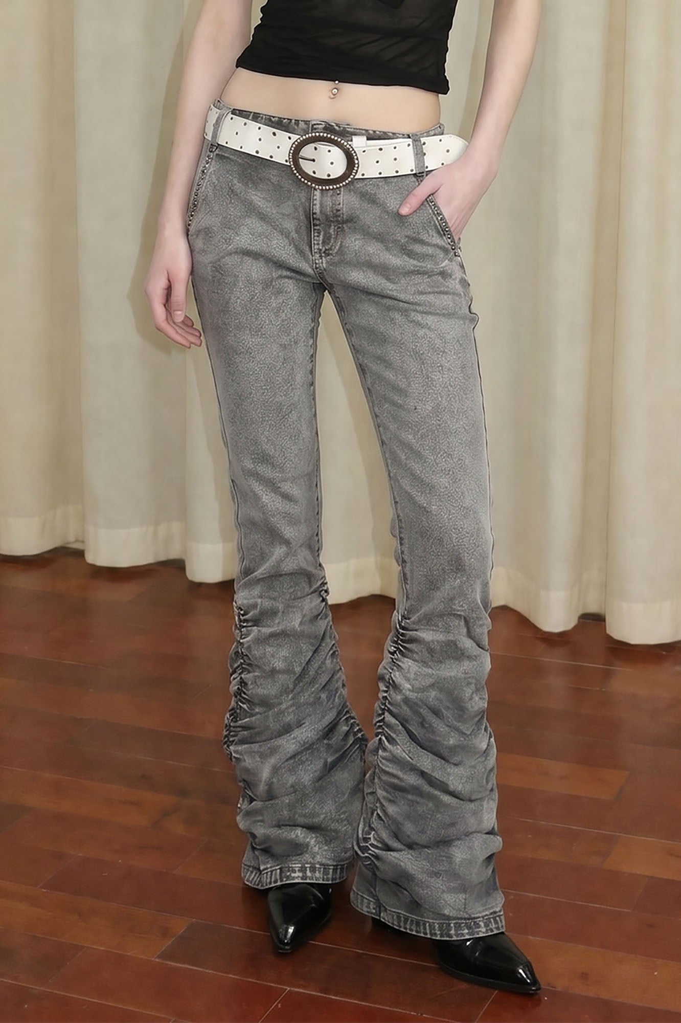EMOHA Washed Ruched Flared Jeans