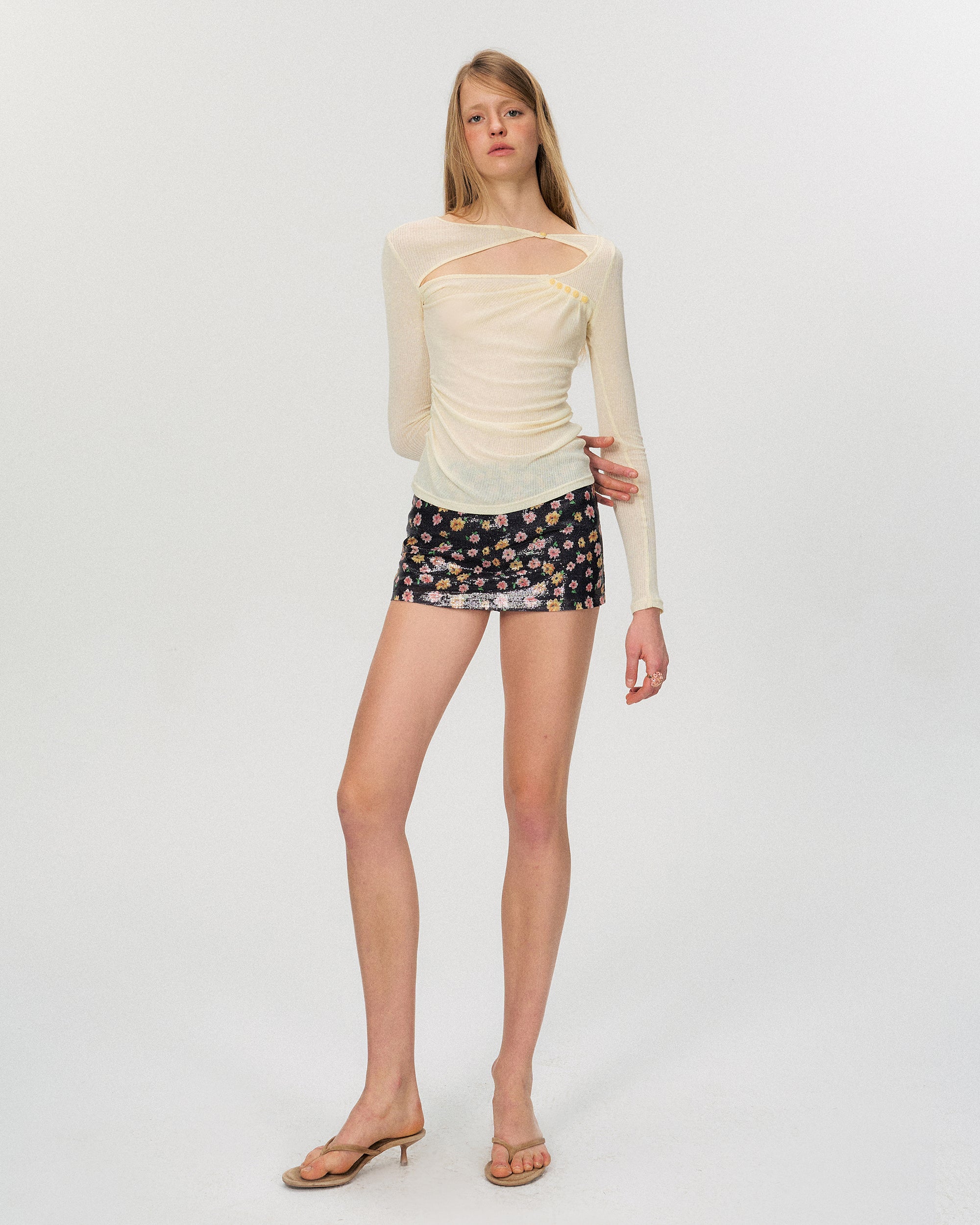 THE NEVERMORE Asymmetric Sheer Cutout Ruched Top