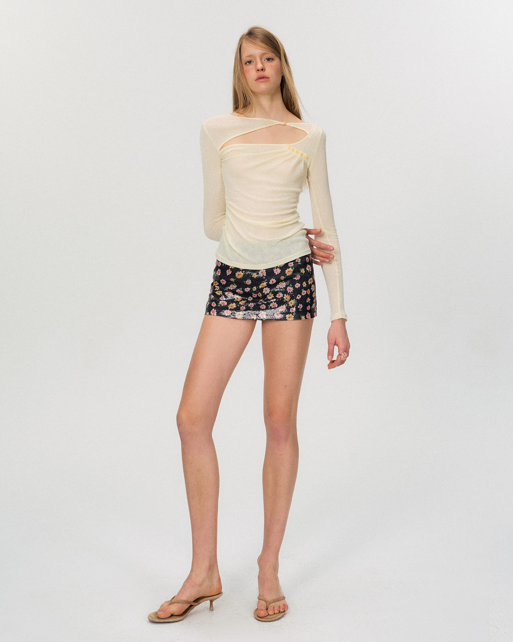 THE NEVERMORE Asymmetric Sheer Cutout Ruched Top