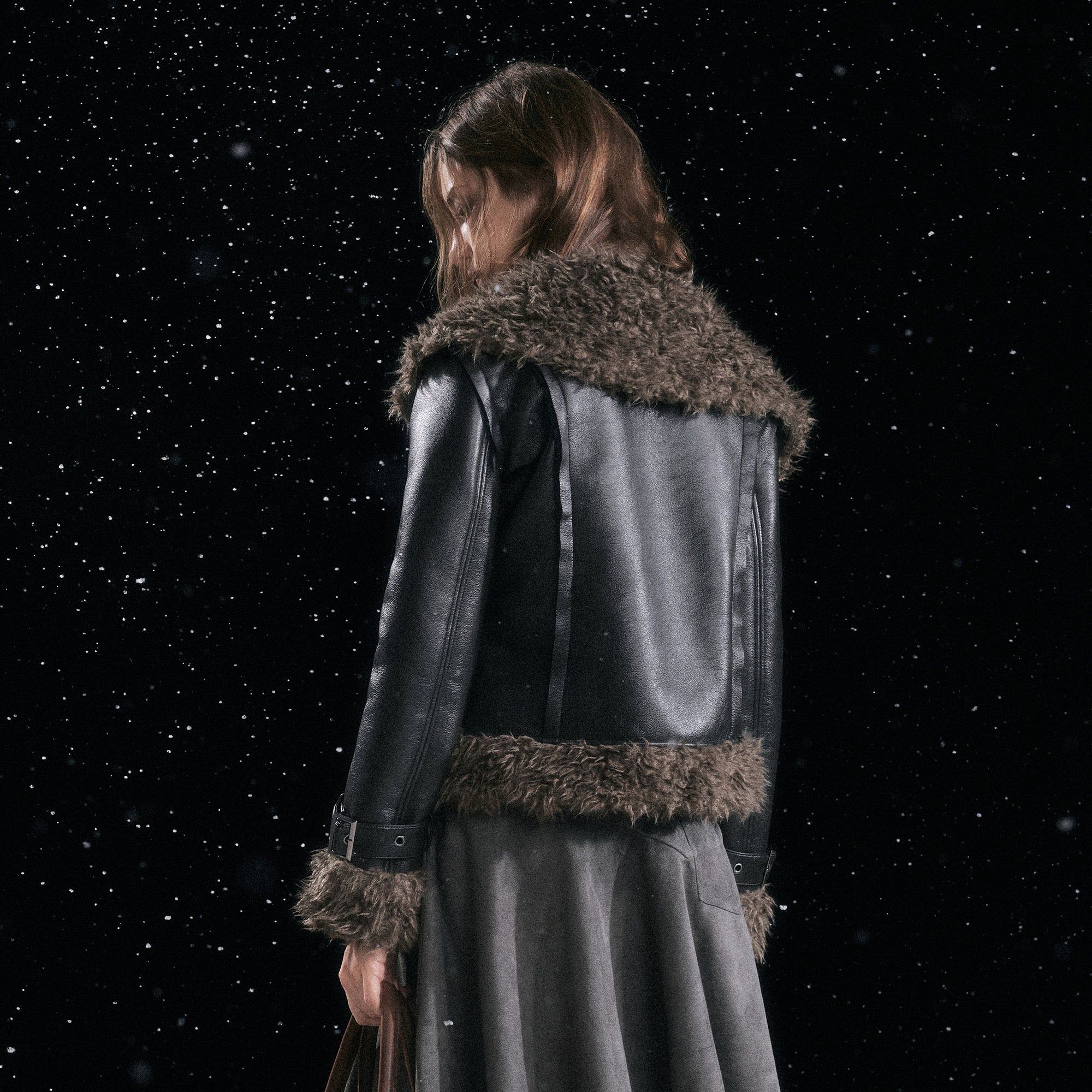 CESTNOUS Faux-Shearling Trim Faux Leather Jacket