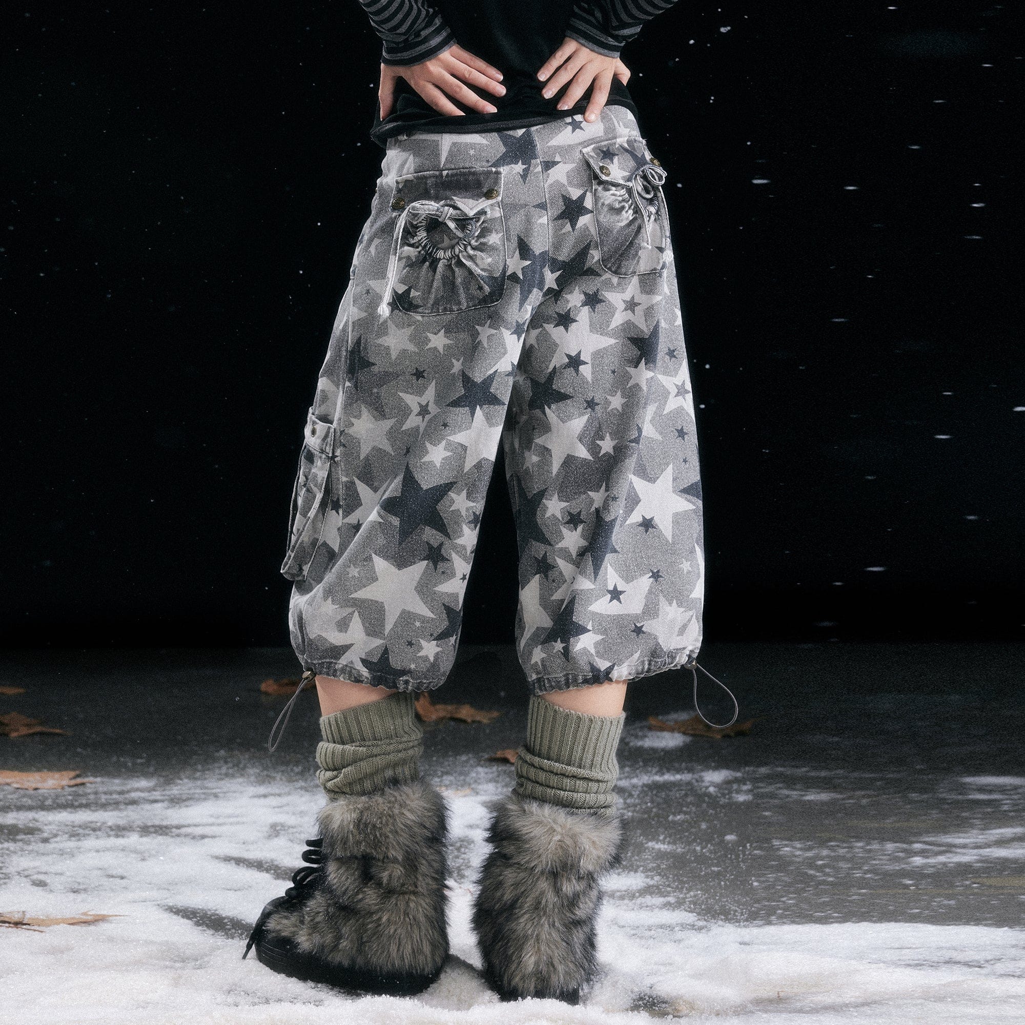 CESTNOUS Washed Star Camo Multi-Pocket Cropped Pants