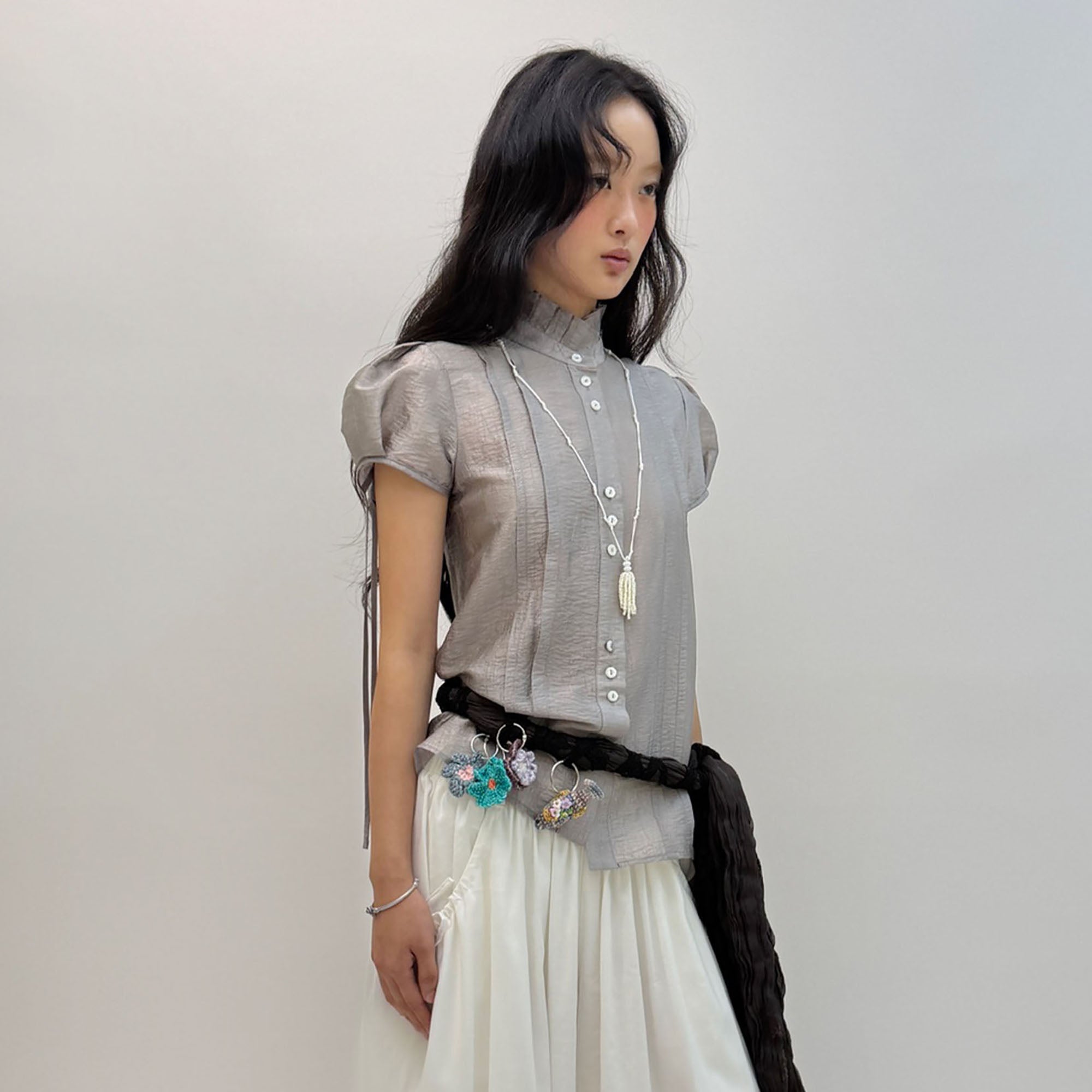 NEVERSEEZ Ruffle-Collar Paneled Puff-Sleeve Shirt