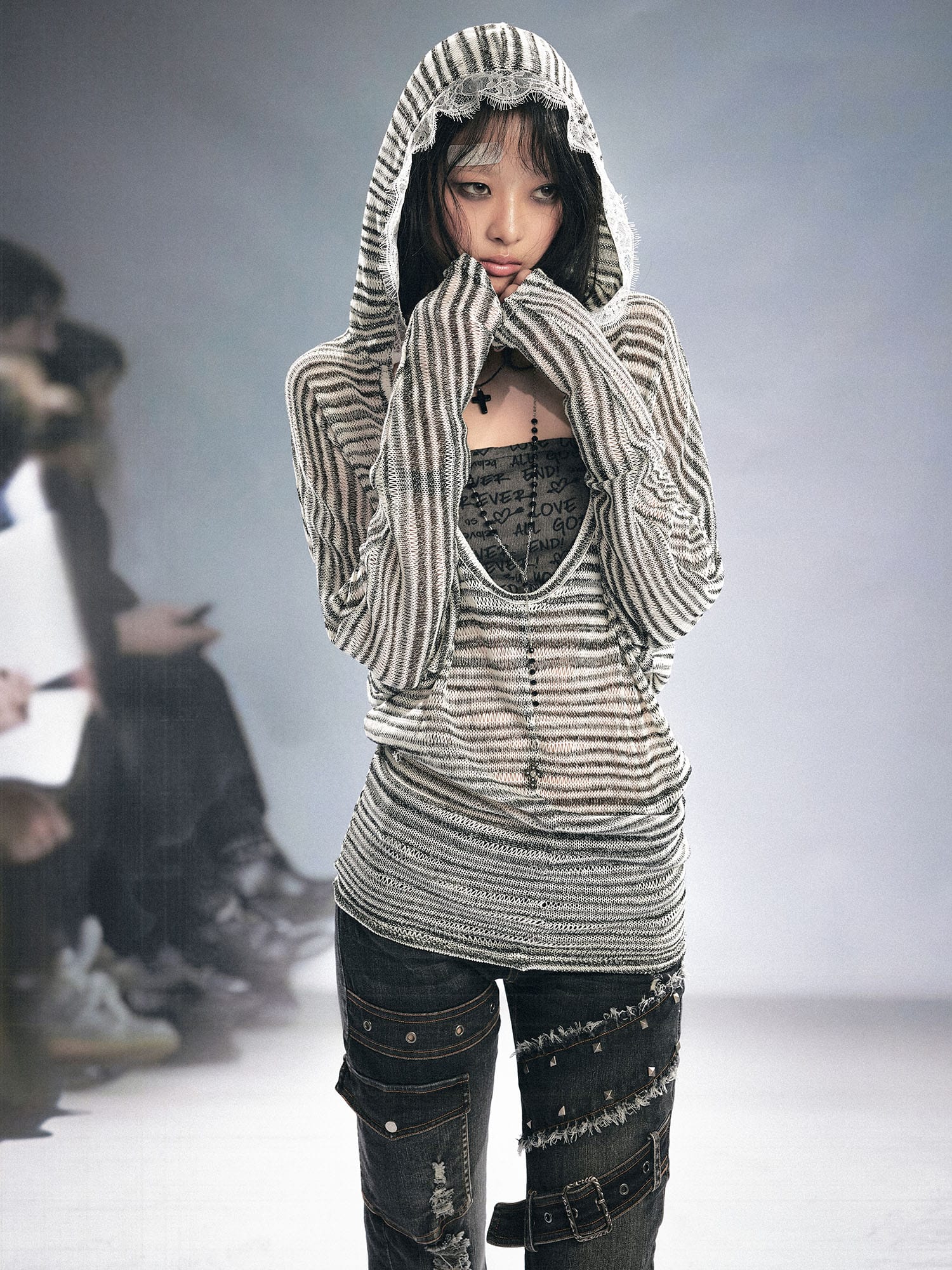 CESTNOUS Striped Sheer Hooded Long-Sleeve Tee