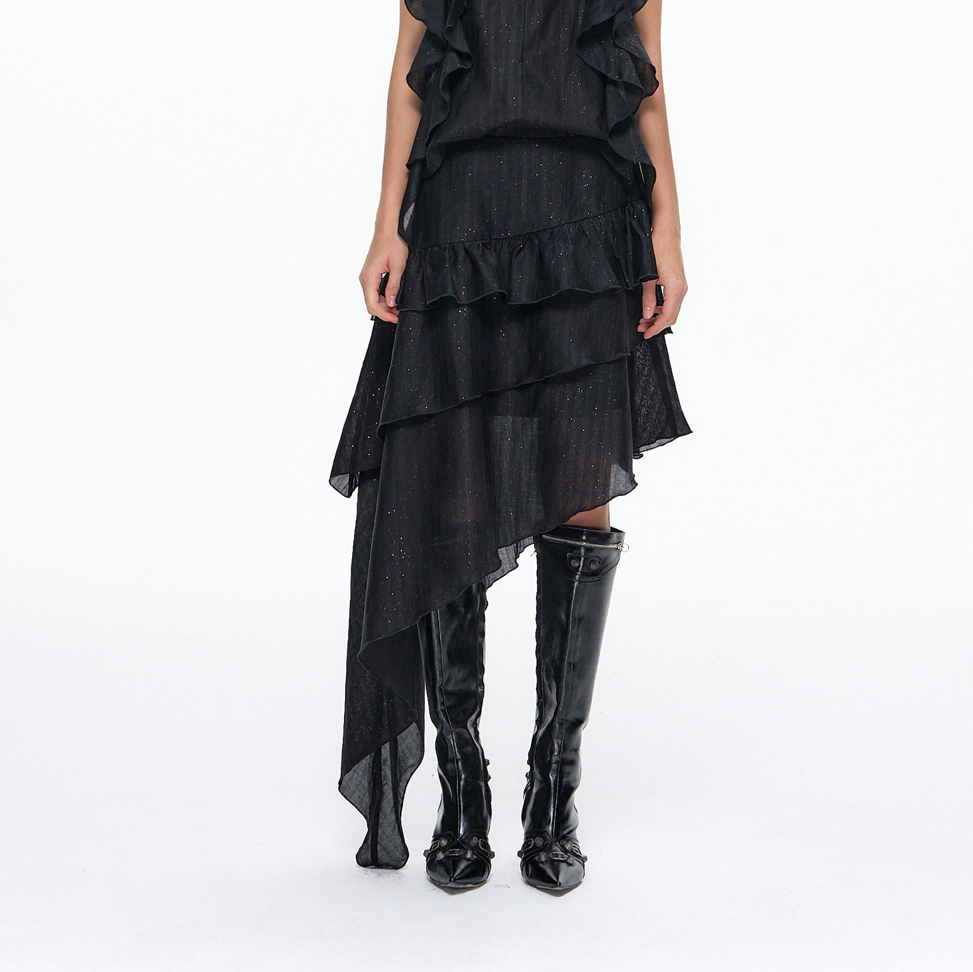 10AMSOTIIIIIIRED Tiered Ruffle Sleeveless Top & Asymmetric Skirt Set