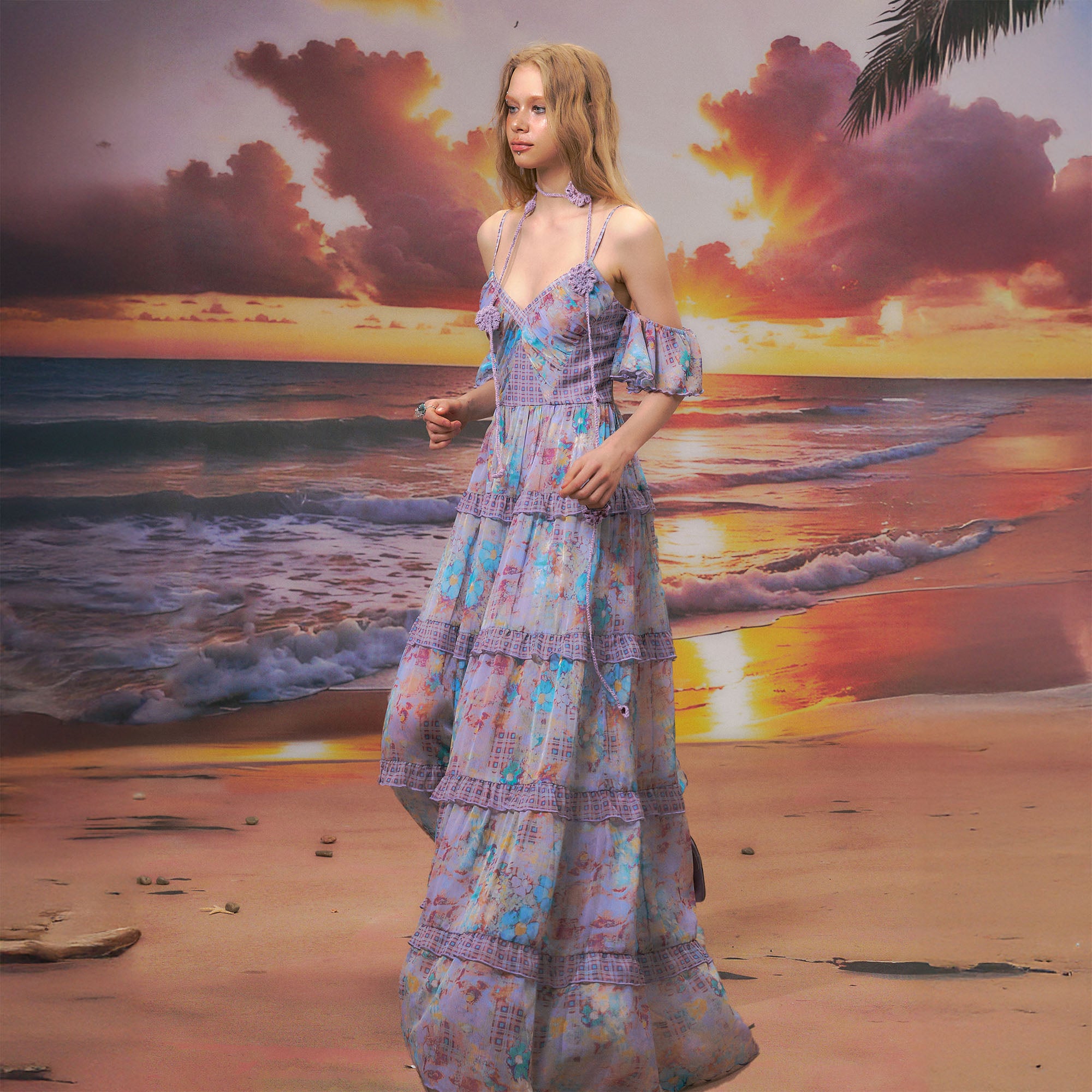 THE NEVERMORE Floral Plaid-Trim Tiered Maxi Dress