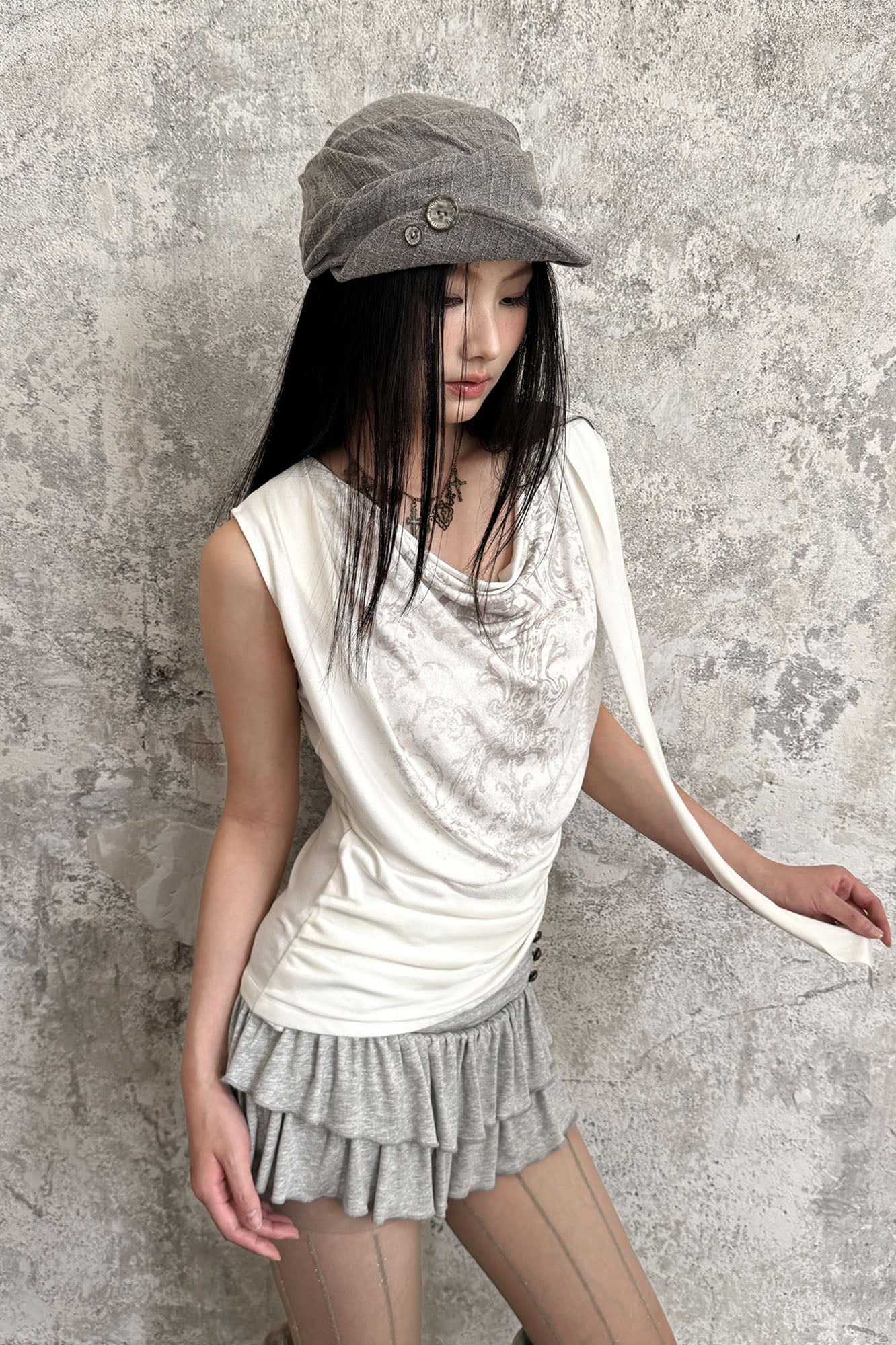 RIDK Retro Graphic Draped-Neck Tank Top