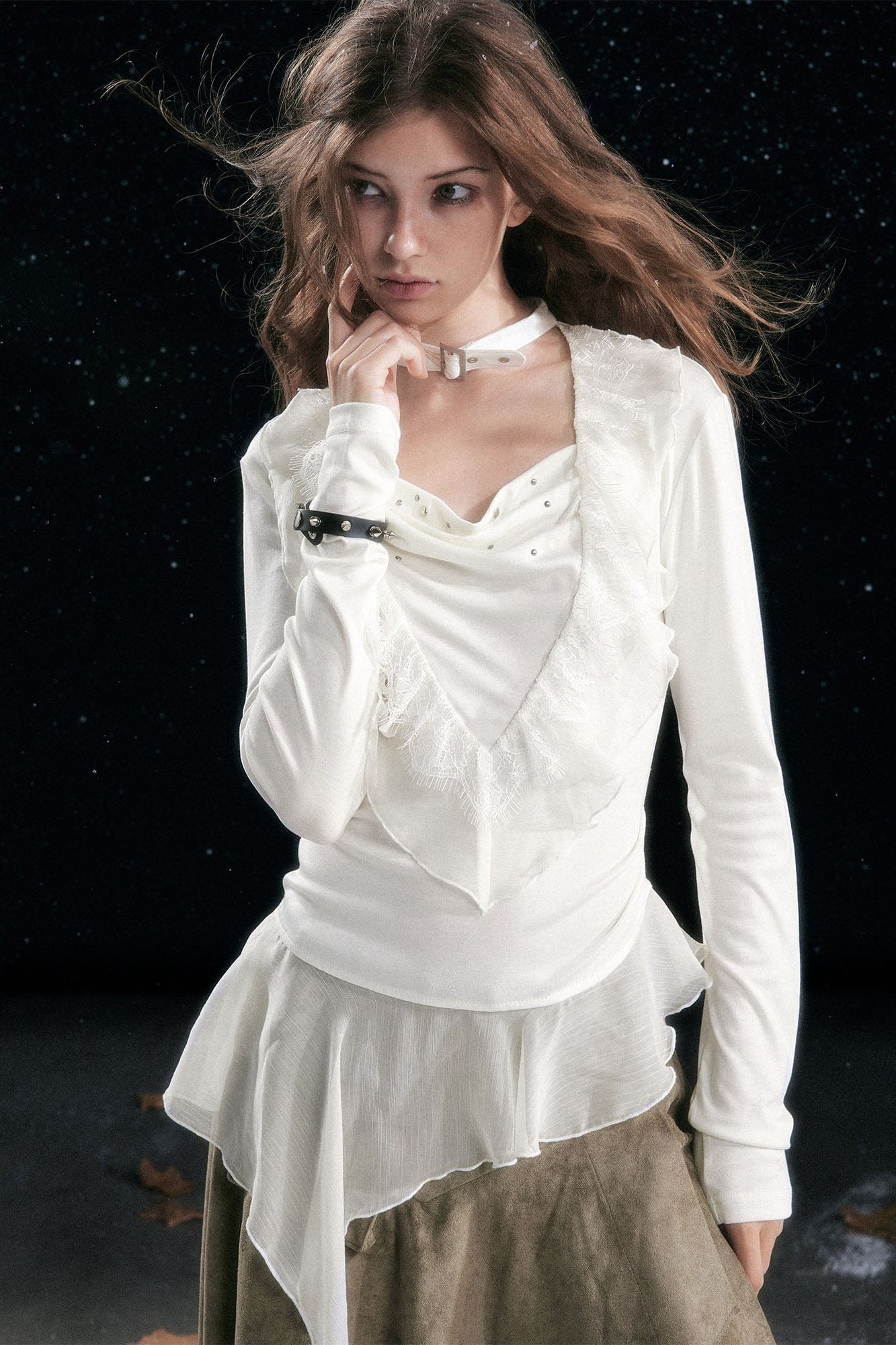 CESTNOUS Studded Ruffled Paneled Top