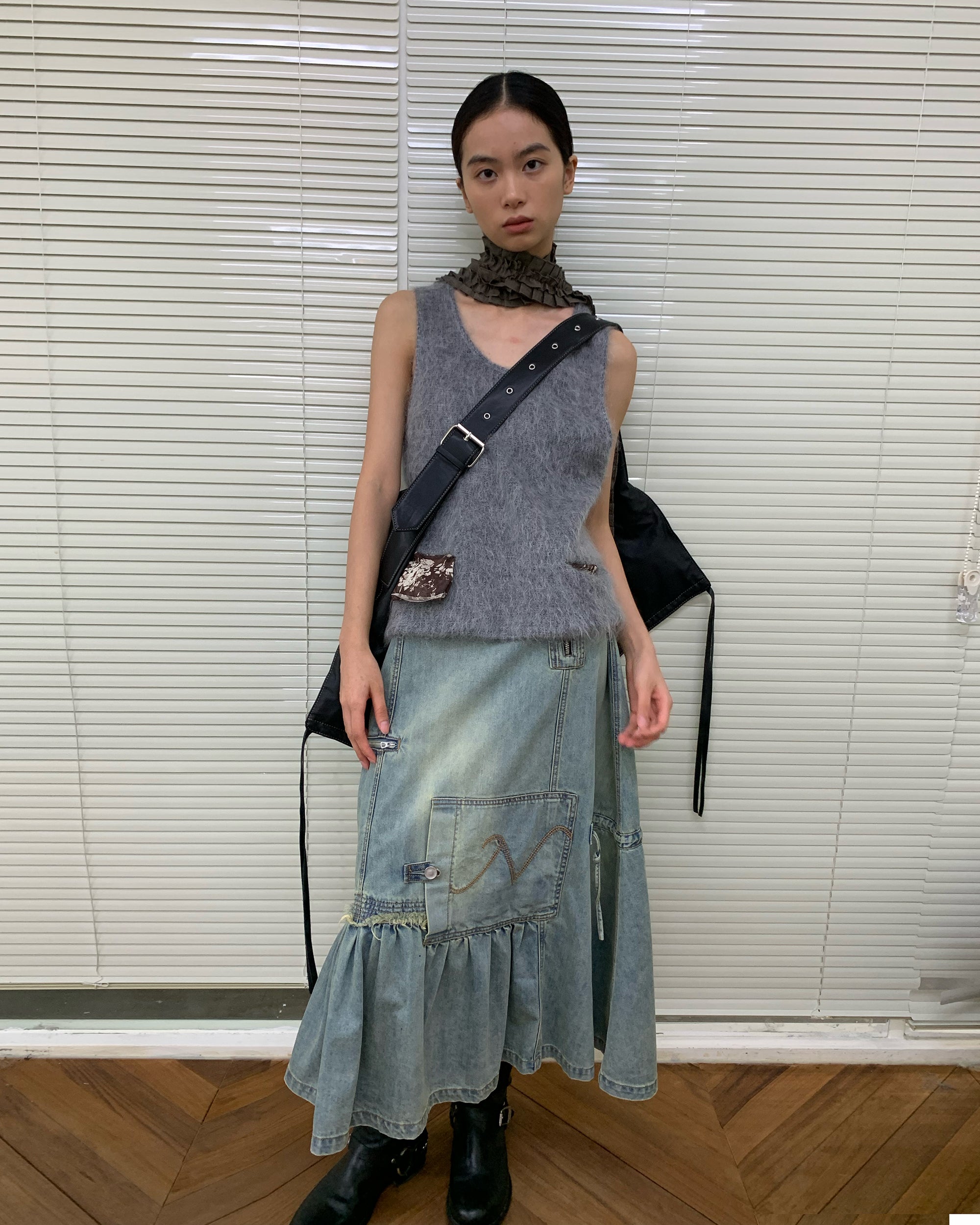 NEVERSEEZ Retro Wash Asymmetrical Denim Midi Skirt
