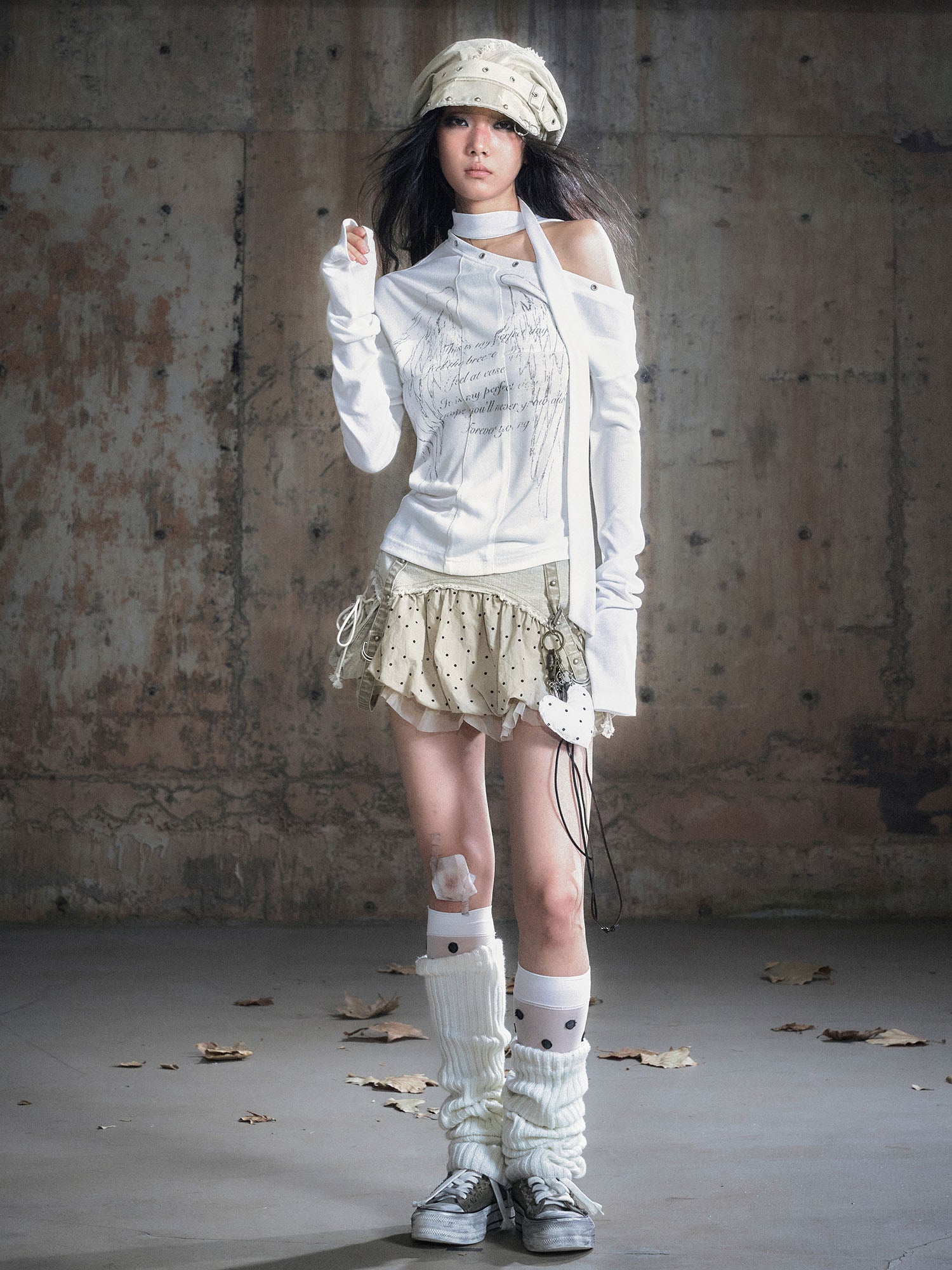 CESTNOUS Asymmetric Tie-Drape Cross Panel Long-Sleeve Tee