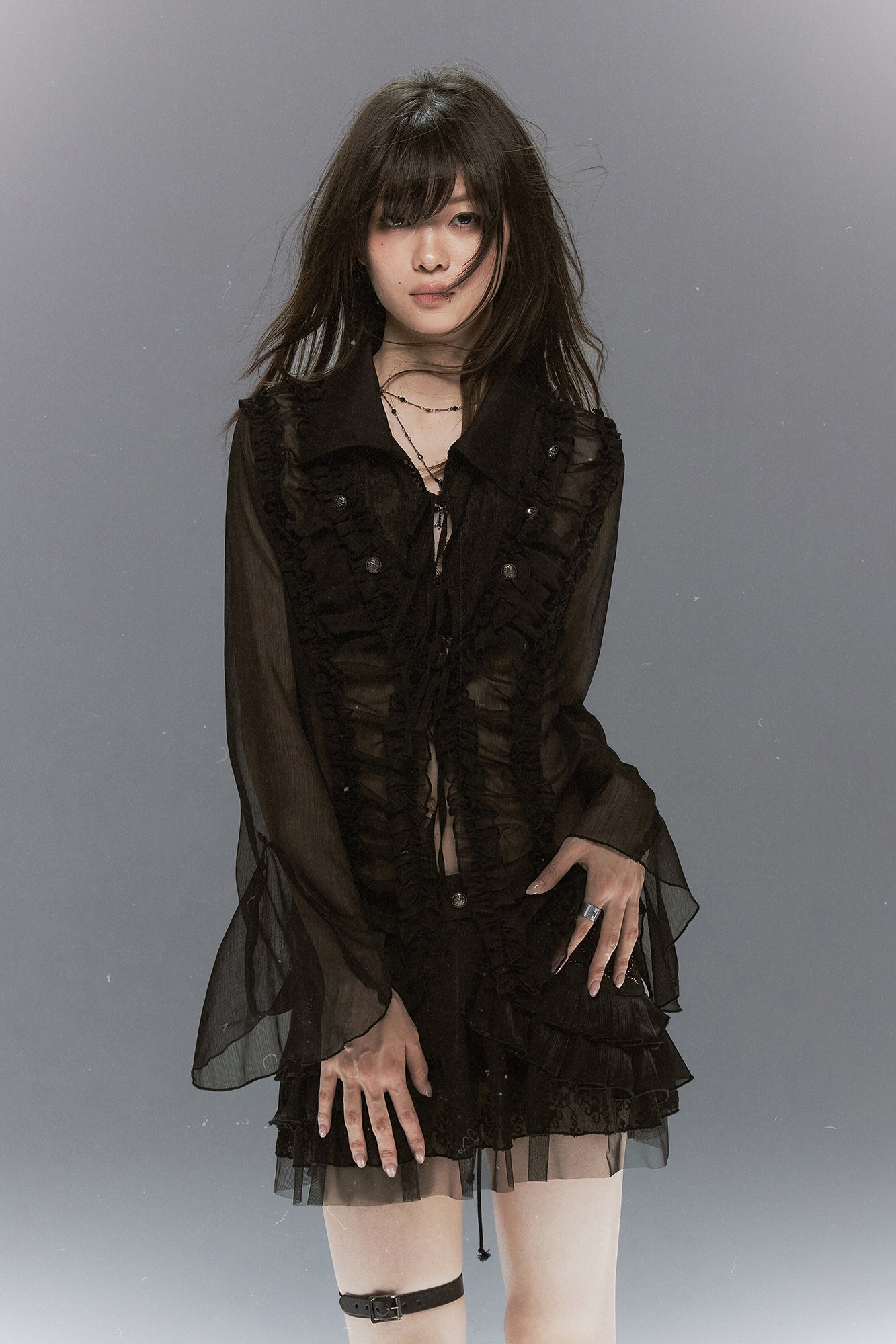 CESTNOUS Ruffle Lace-Panel Bell-Sleeve Shirt