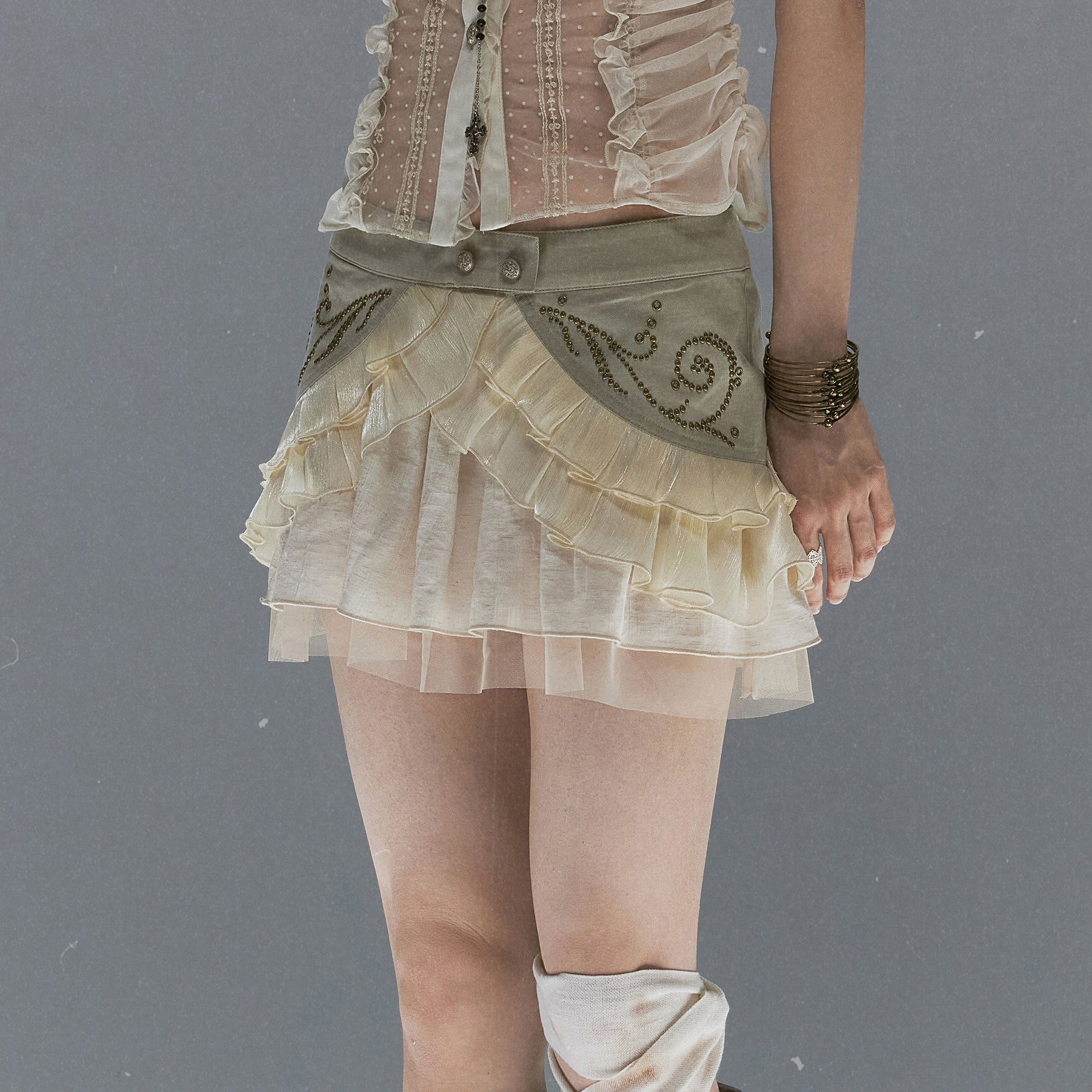CESTNOUS Scroll-Embellished Layered Ruffle Mini Skirt
