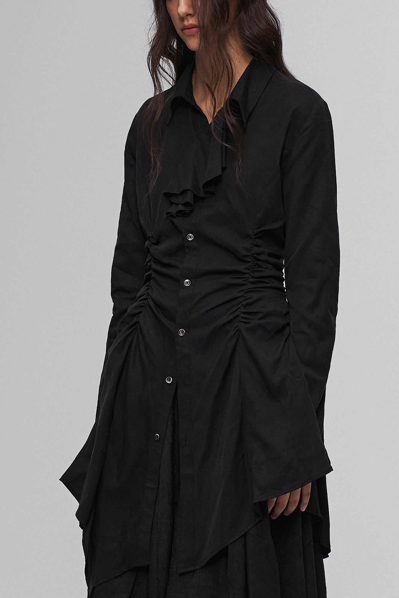 ILNya Nieternite Nifutur Asymmetric Ruched Waist Ruffle-Neck Long Shirt Black