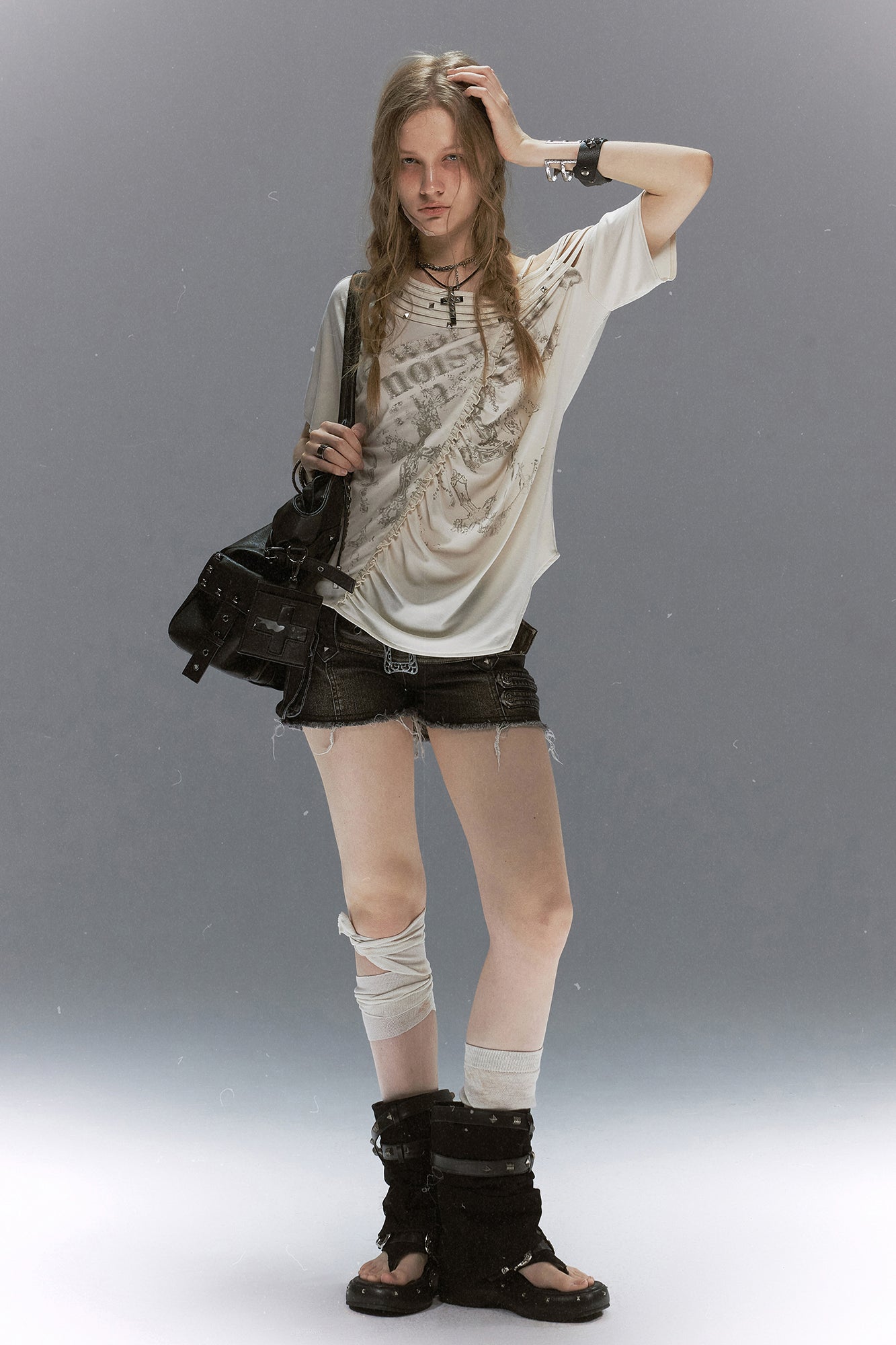 CESTNOUS Asymmetrical Studded Multi-Strap Graphic T-Shirt