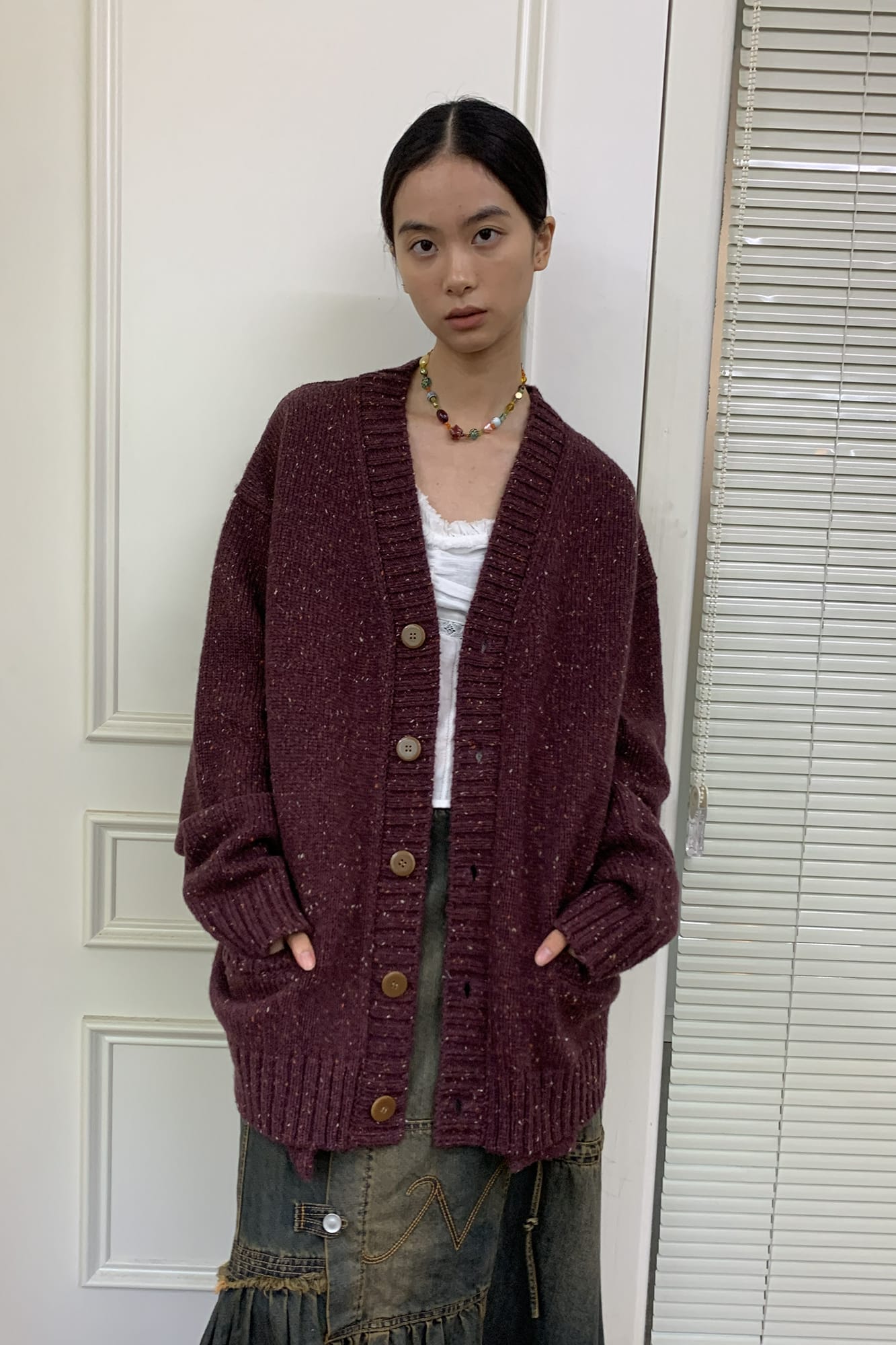 NEVERSEEZ Flecked Knit Rib-Trim Cardigan