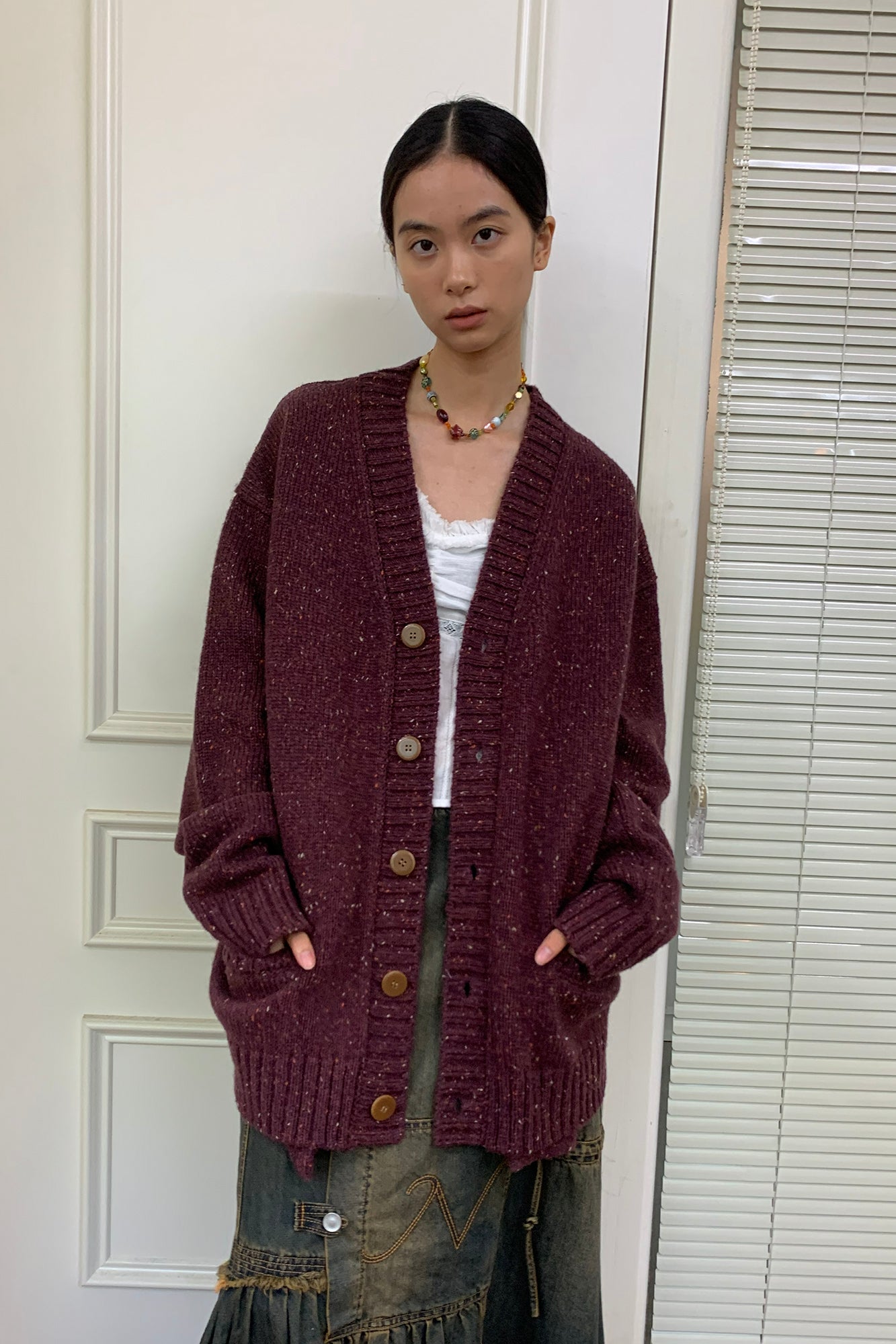 NEVERSEEZ Flecked Knit Rib-Trim Cardigan