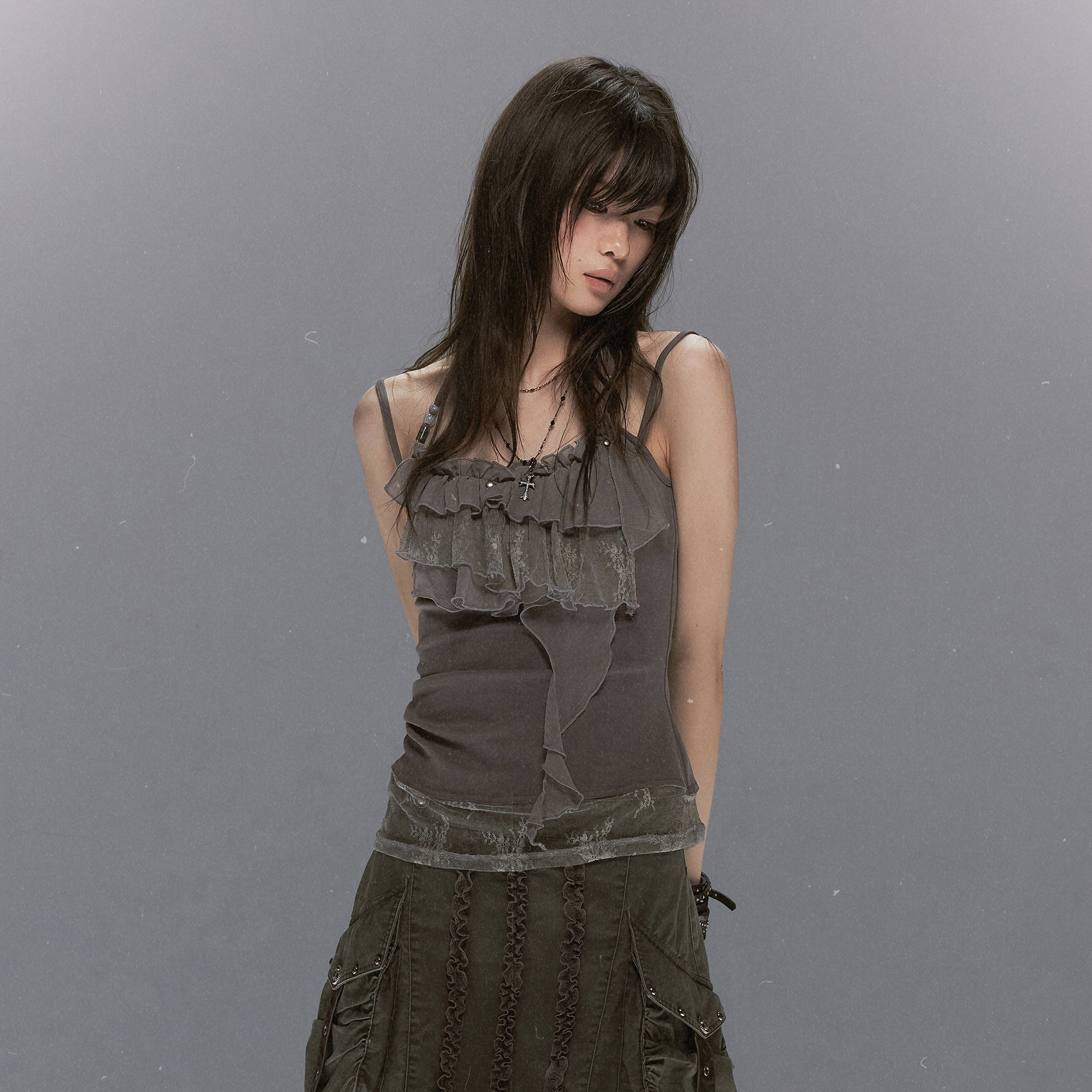 CESTNOUS Ruffled Lace Layered Beaded Camisole Top