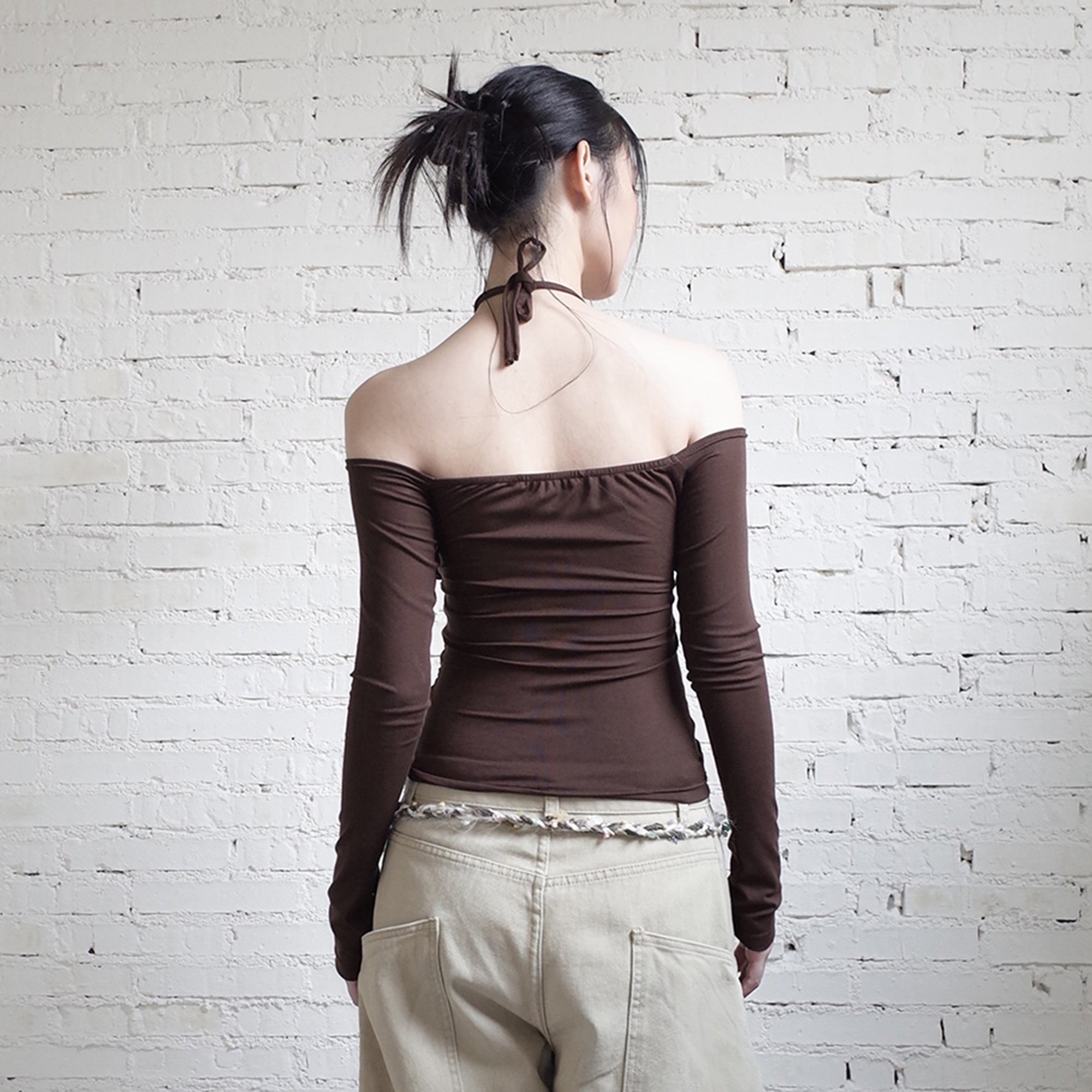 RIDK Off-Shoulder Studded Halter Drape Top